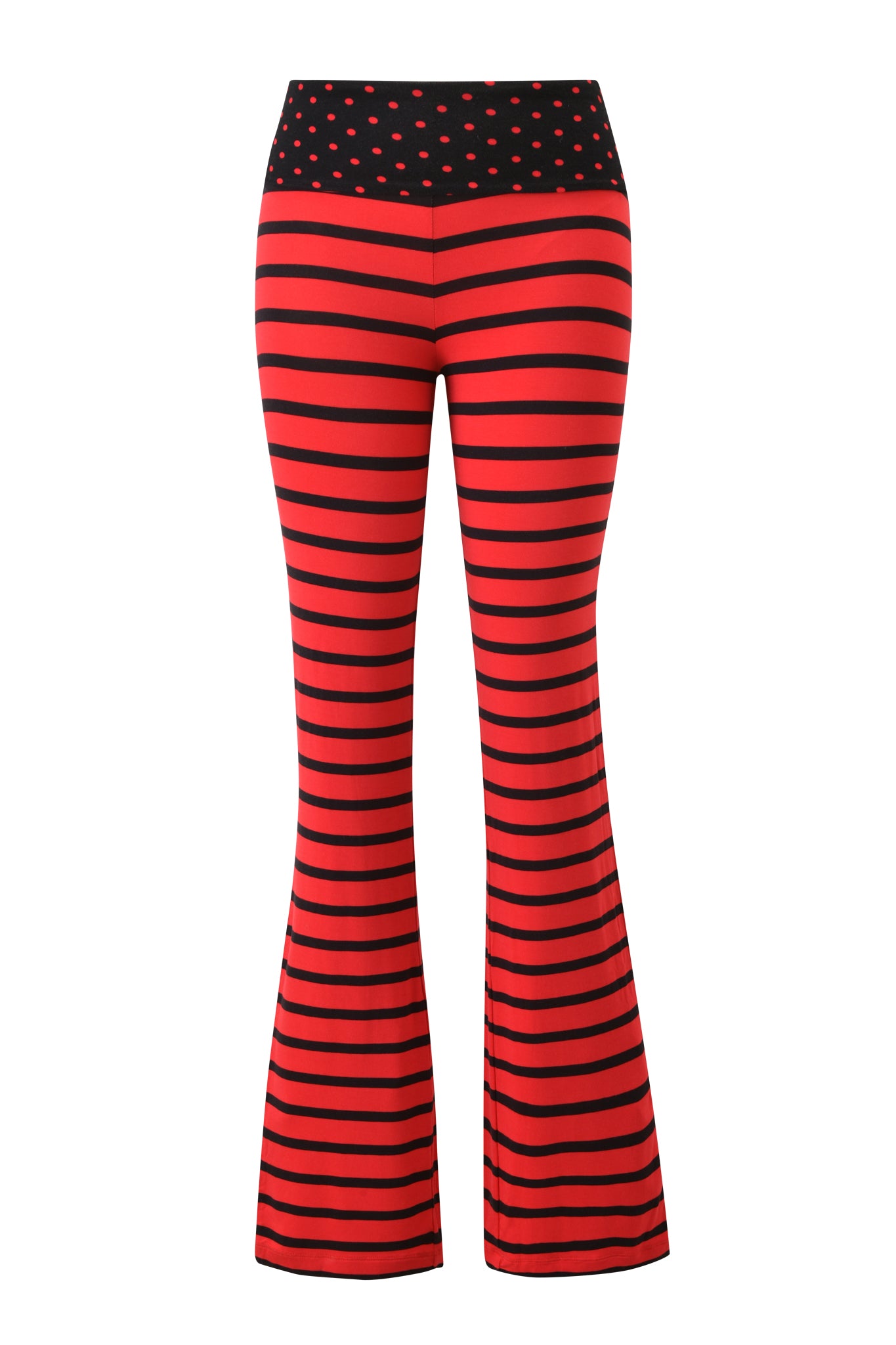 The I.AM.GIA BLARE FOLDOVER TRACKPANT features red and black horizontal stripes, a foldover waistband with a black background, and small red polka dots for a bold grunge look.