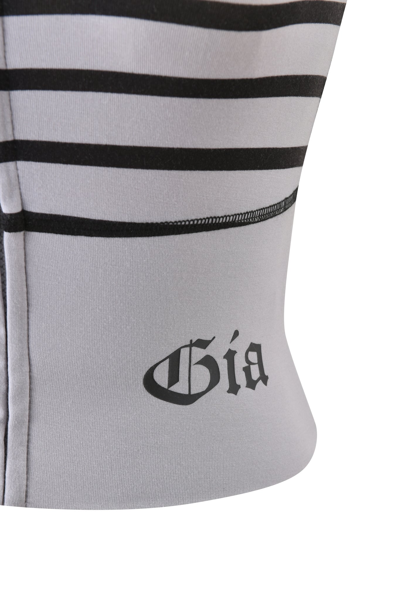 A close-up of the BLARE ZIP BOOB TUBE by I.AM.GIA shows its buttery-soft gray fabric with black stripes and "Gía" in a Gothic font near the seam.