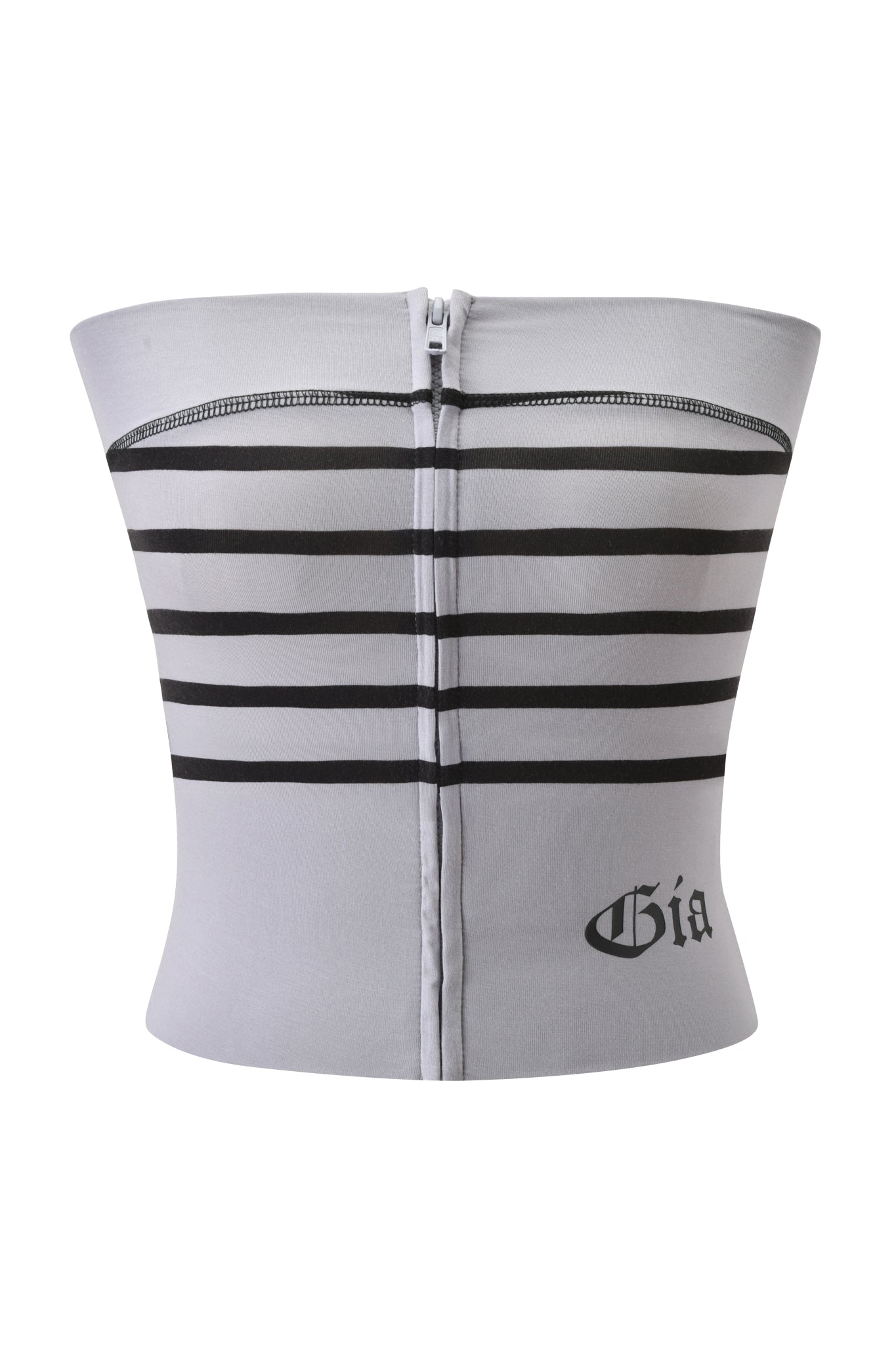 The BLARE ZIP BOOB TUBE by I.AM.GIA is a gray, strapless top with black horizontal stripes, a center-back zipper, buttery-soft fabric, and "Gia" in black script on the lower right side.