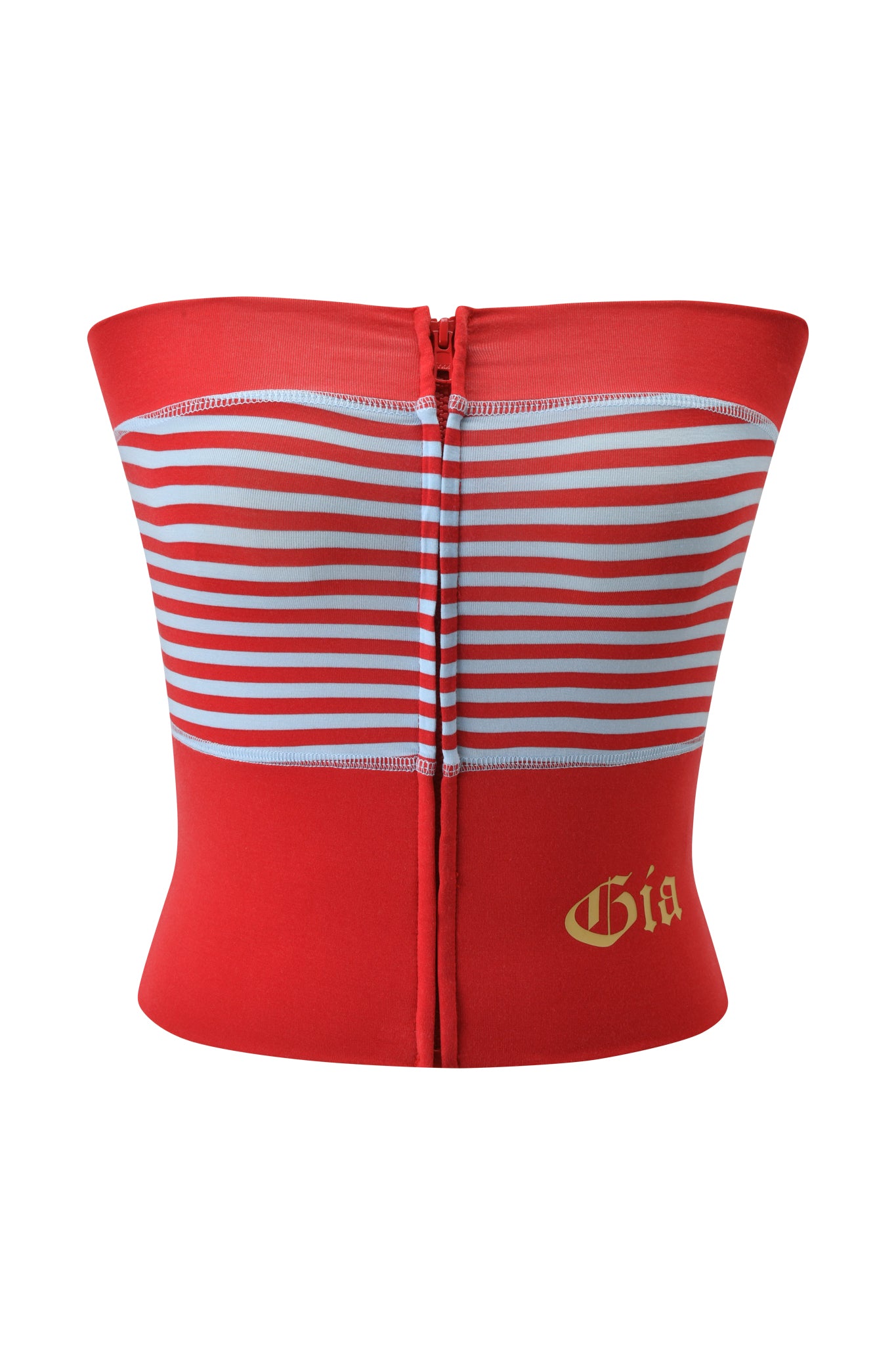 The BLARE ZIP BOOB TUBE by I.AM.GIA features red and blue stripes, a strapless bodycon fit, center front zipper, and "Gia" in gold script on the lower right.