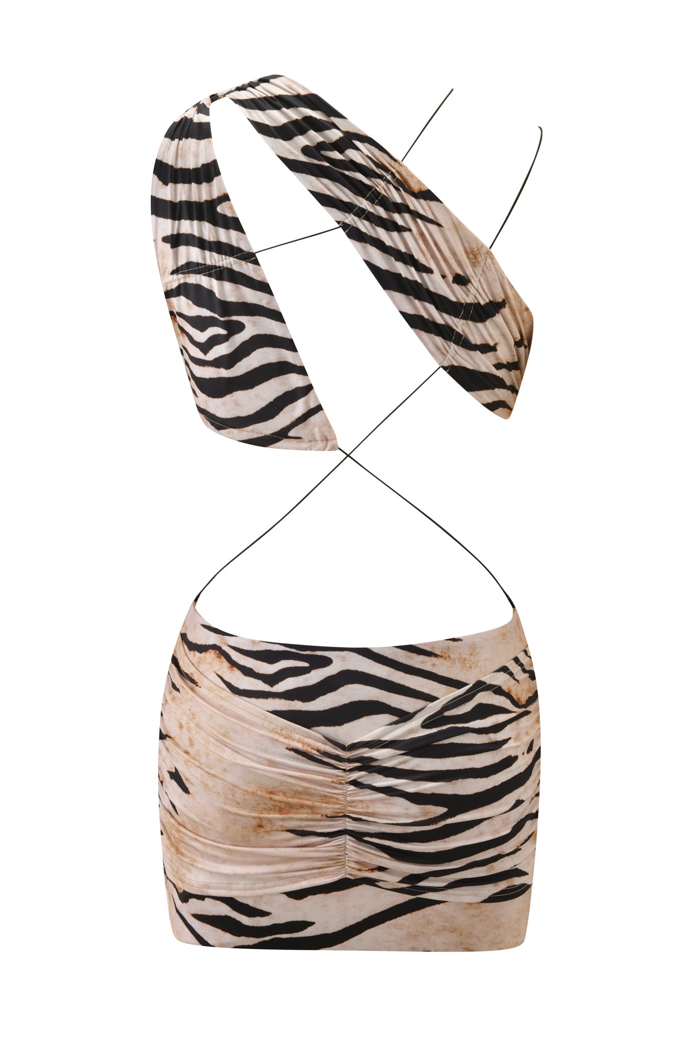 The SASKIA MINI DRESS - WILD SIDE by I.AM.GIA is a ruched, one shoulder bodycon mini with a beige and black zebra print, thin crisscross waist straps, and an asymmetrical neckline.