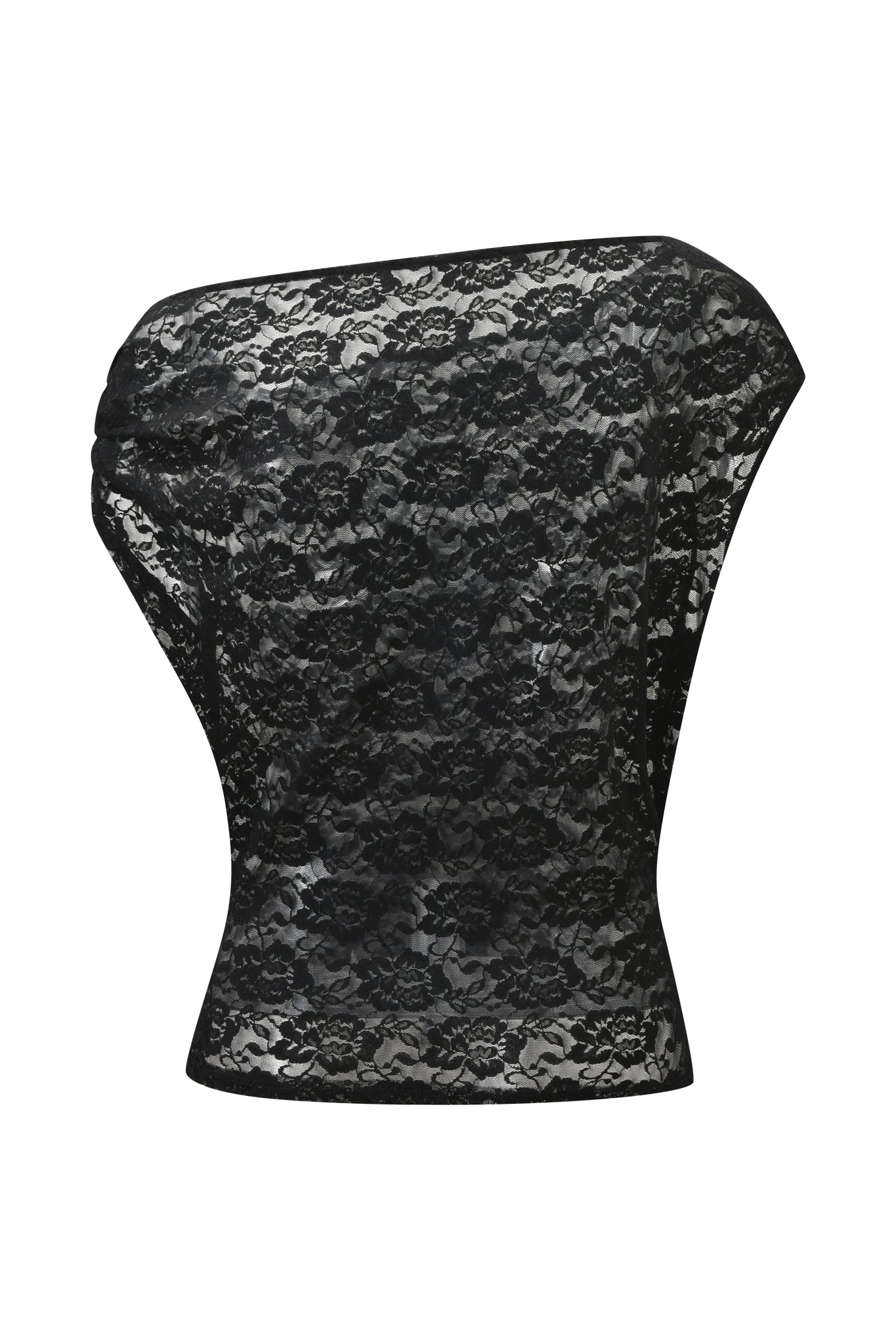 The GISELLE LACE TOP - BLACK by I.AM.GIA is a sleeveless, fitted lace blouse with a subtle floral pattern, asymmetrical neckline, and semi-sheer finish, shown against a plain white background.