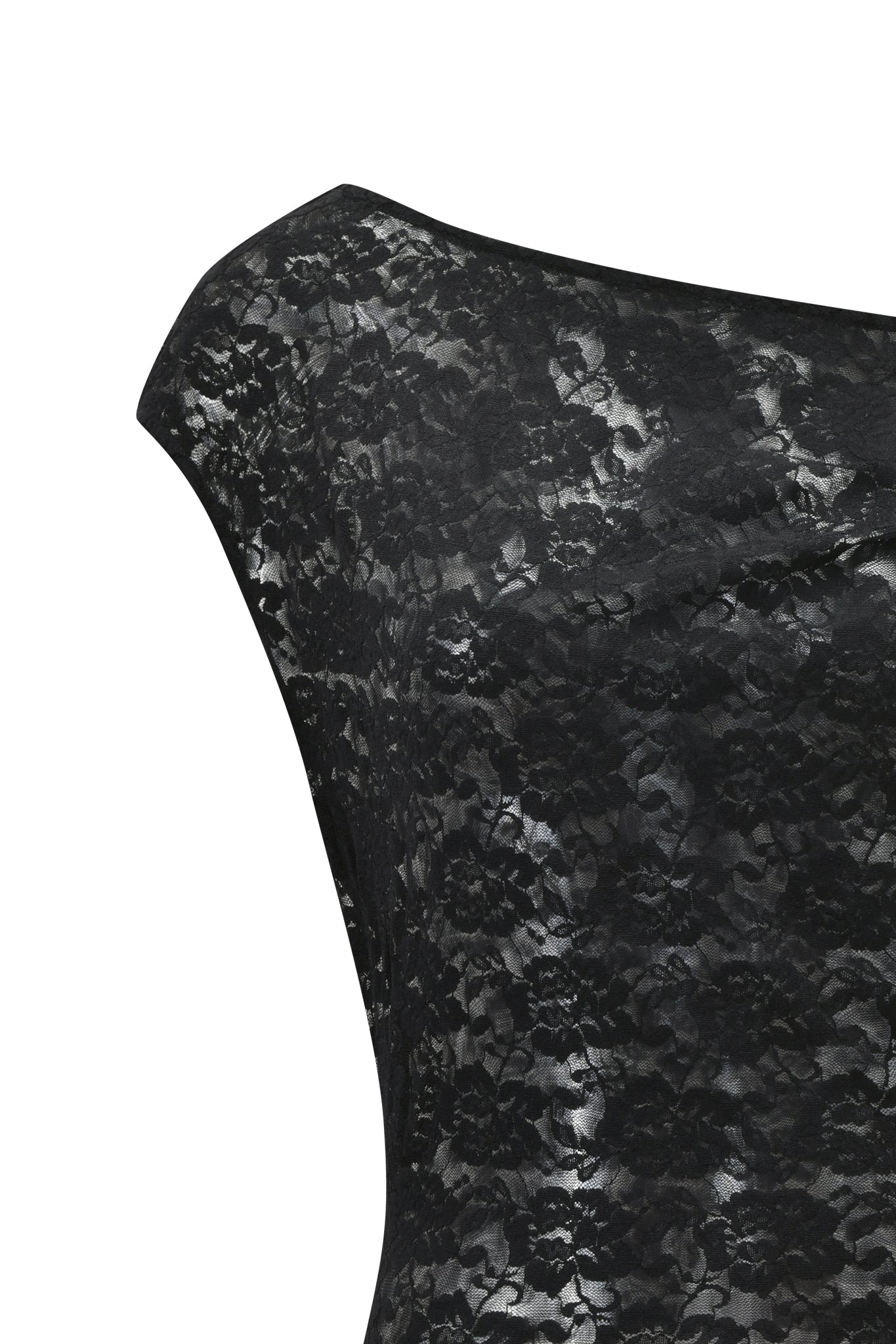 Close-up of the GISELLE LACE TOP - BLACK by I.AM.GIA, featuring a black, off-shoulder semi-sheer lace with a floral pattern, displayed on a mannequin with neckline and upper torso visible.