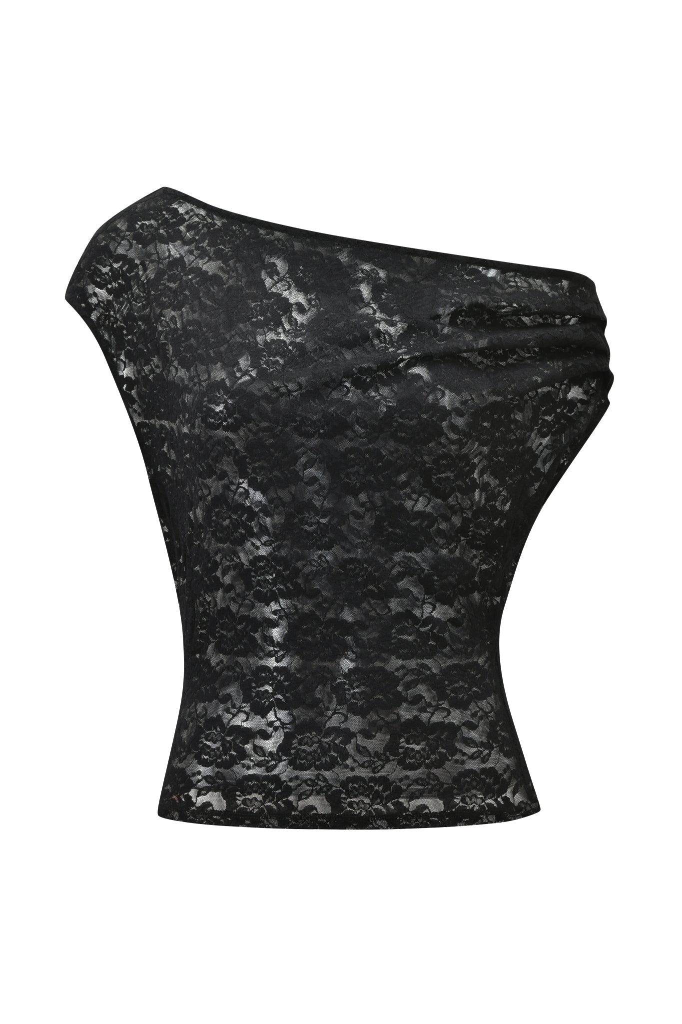 The GISELLE LACE TOP - BLACK by I.AM.GIA is a black, semi-sheer off-shoulder lace top with a fitted silhouette and an elegant floral pattern, shown on a white background.