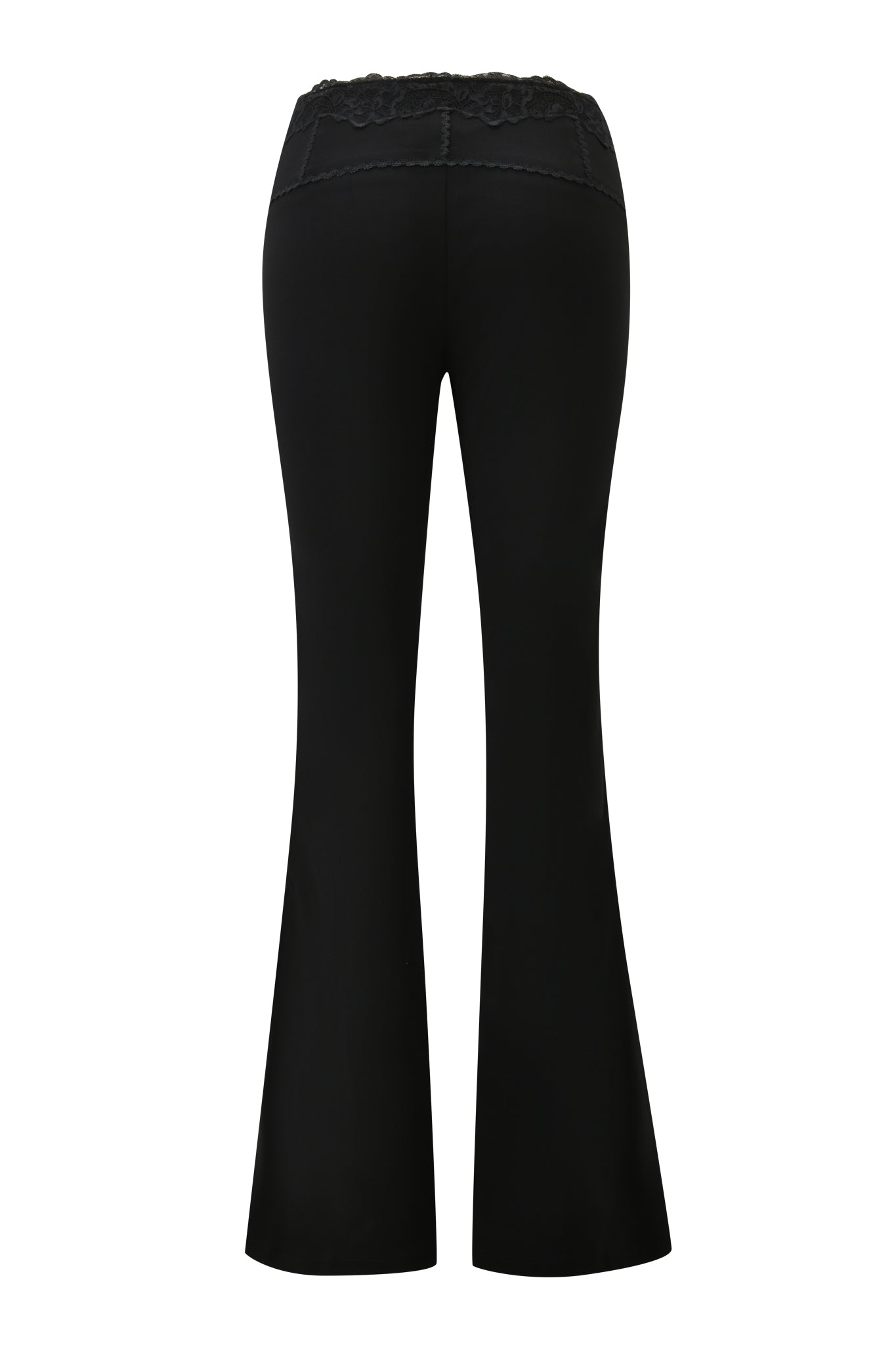 Back view of the SERAYA PANT in black by I.AM.GIA, featuring a lace waistband detail, fitted thighs, and flared legs for a flattering silhouette.