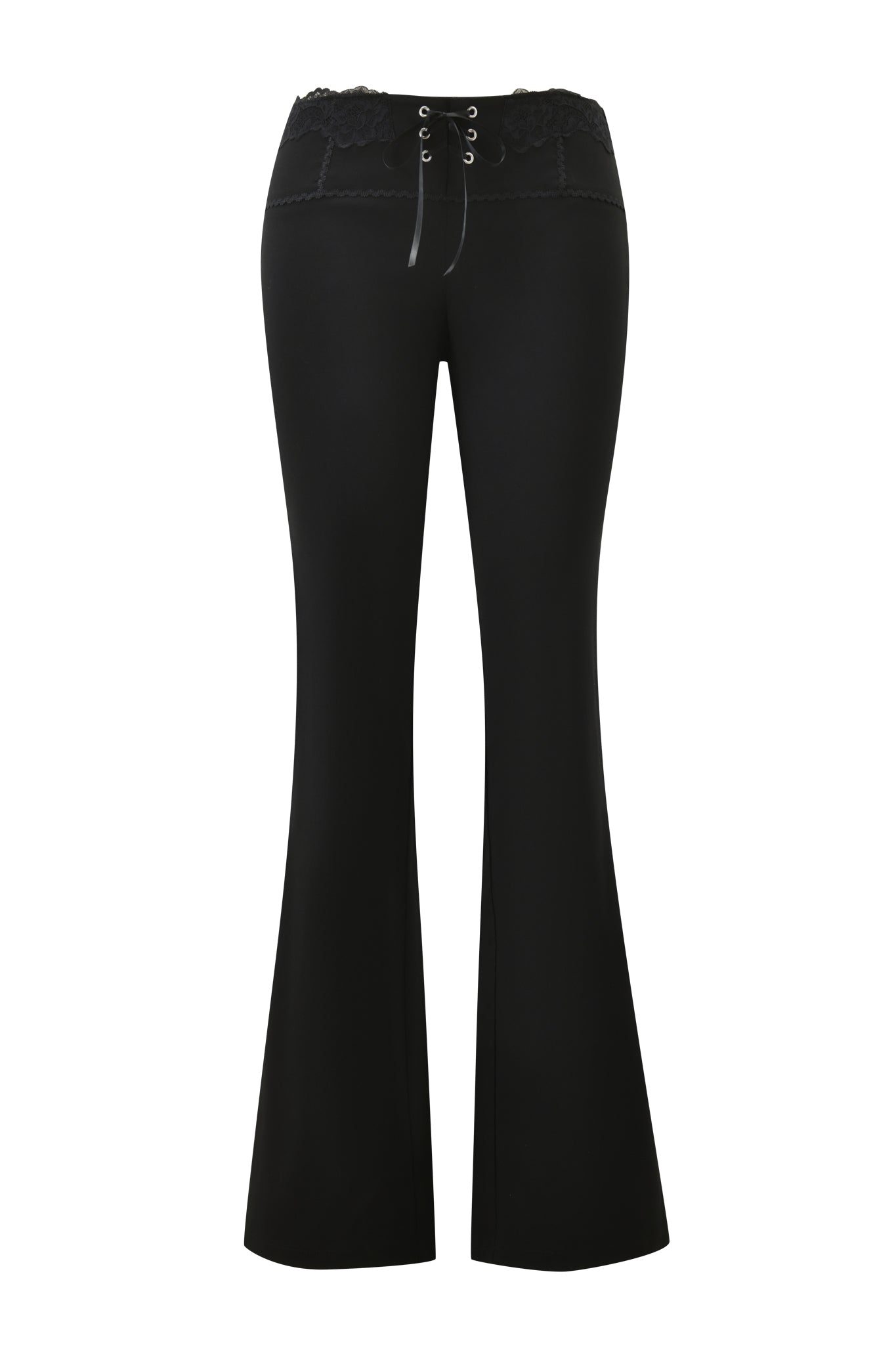 The I.AM.GIA SERAYA PANT in black features a high waist, stretch fabric, flared straight leg, lace detailing at the waistband, and a lace-up front accent, shown from the back.