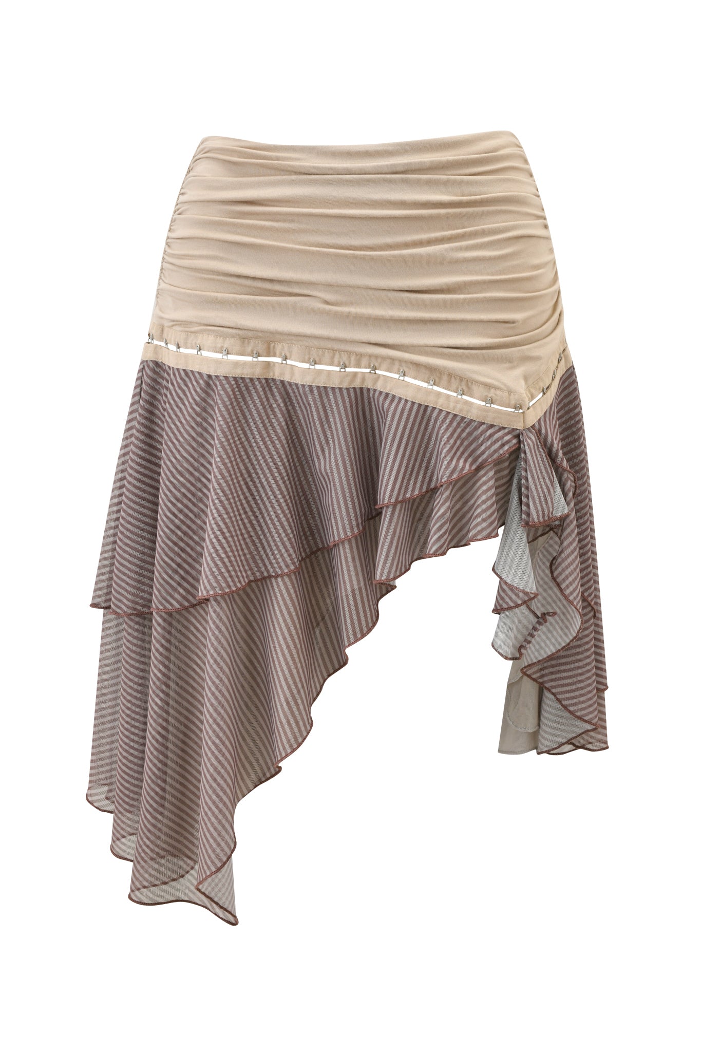 The SEPHI MIDI SKIRT - MUSHROOM STRIPE by I.AM.GIA features beige and white stripes, an asymmetrical ruched waist, beaded trim, and a layered ruffled hem for a unique, flowing silhouette.