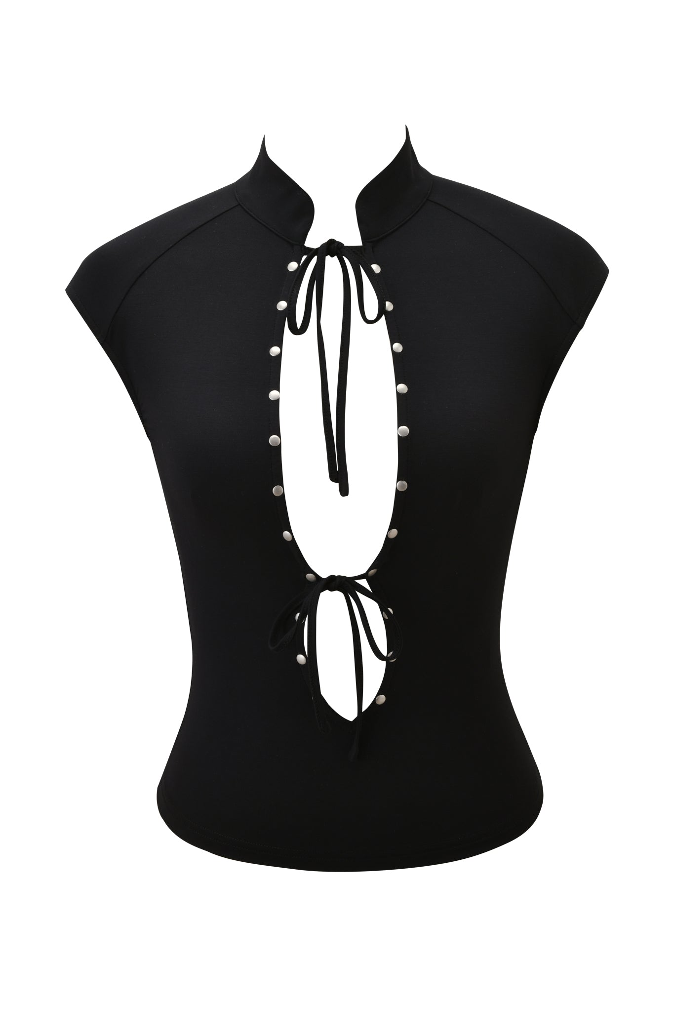 The GEORGIA TOP - BLACK by I.AM.GIA is a sleeveless, bodycon jersey knit top with a mandarin collar, large front oval cutout, button edging, and sleek black tie details at the neckline and midsection.
