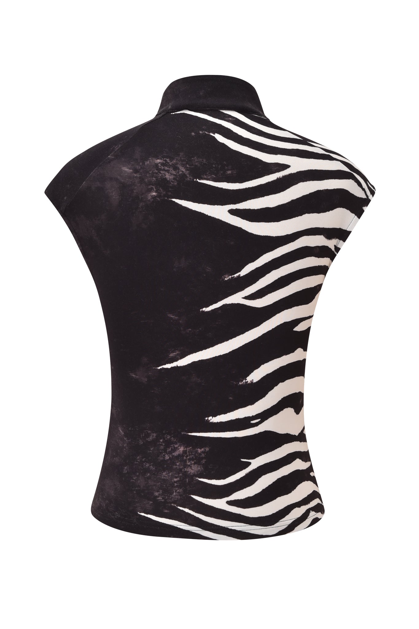 Introducing the GEORGIA TOP - BLACK WILD SIDE by I.AM.GIA: a black and white short-sleeve top with a high collar, showcasing an abstract zebra stripe pattern across the back. Crafted from soft bodycon jersey knit for a form-fitting silhouette, this top combines comfort with bold design for a truly striking look.