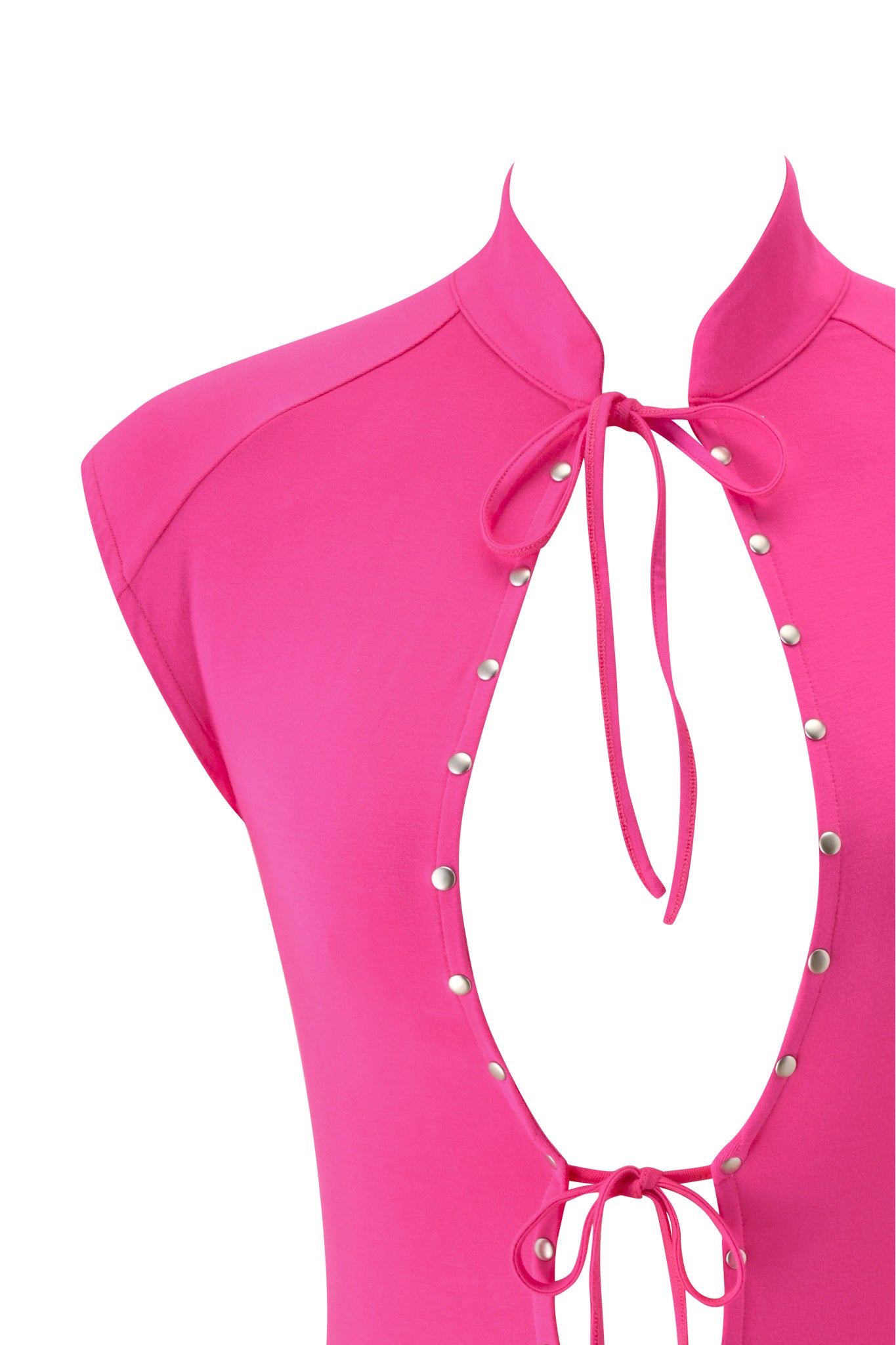 The GEORGIA TOP - NEON PINK by I.AM.GIA is a vibrant hot pink bodycon jersey top featuring cap sleeves and a deep front keyhole opening. It ties at the collar and mid-chest with playful string bows, while silver snap buttons line the edges for standout detail—making it the perfect statement piece for your next festival outfit.