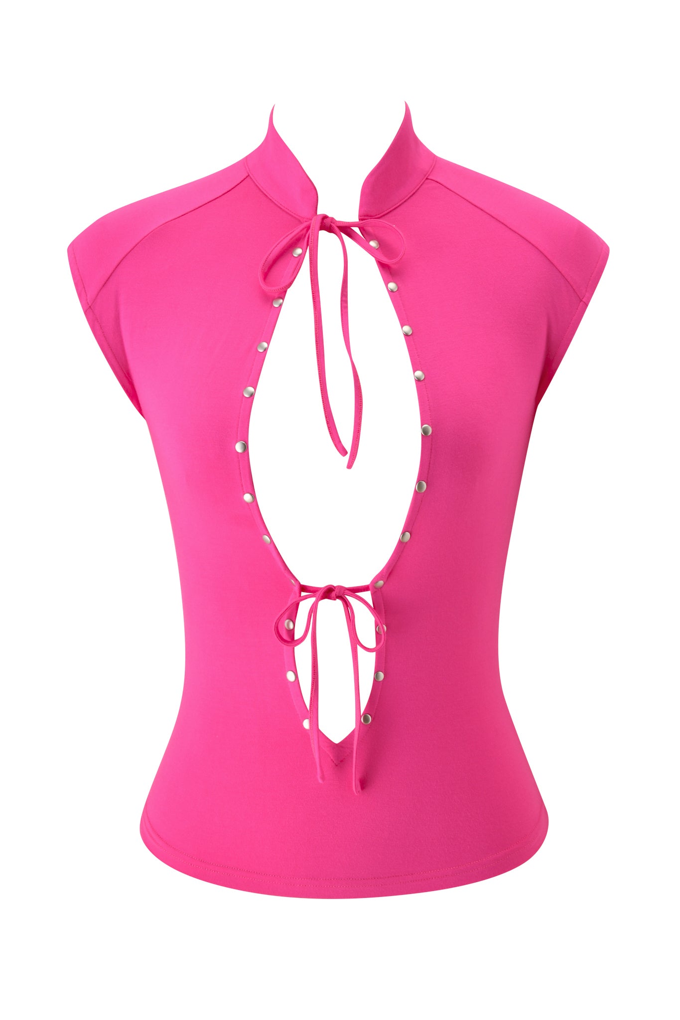The GEORGIA TOP - NEON PINK by I.AM.GIA is a vibrant hot pink tie-up top with cap sleeves, a bold front keyhole cutout accented by pearl-like buttons along the edge, and delicate tie closures at the neck and bust—ideal for making a statement at any festival.