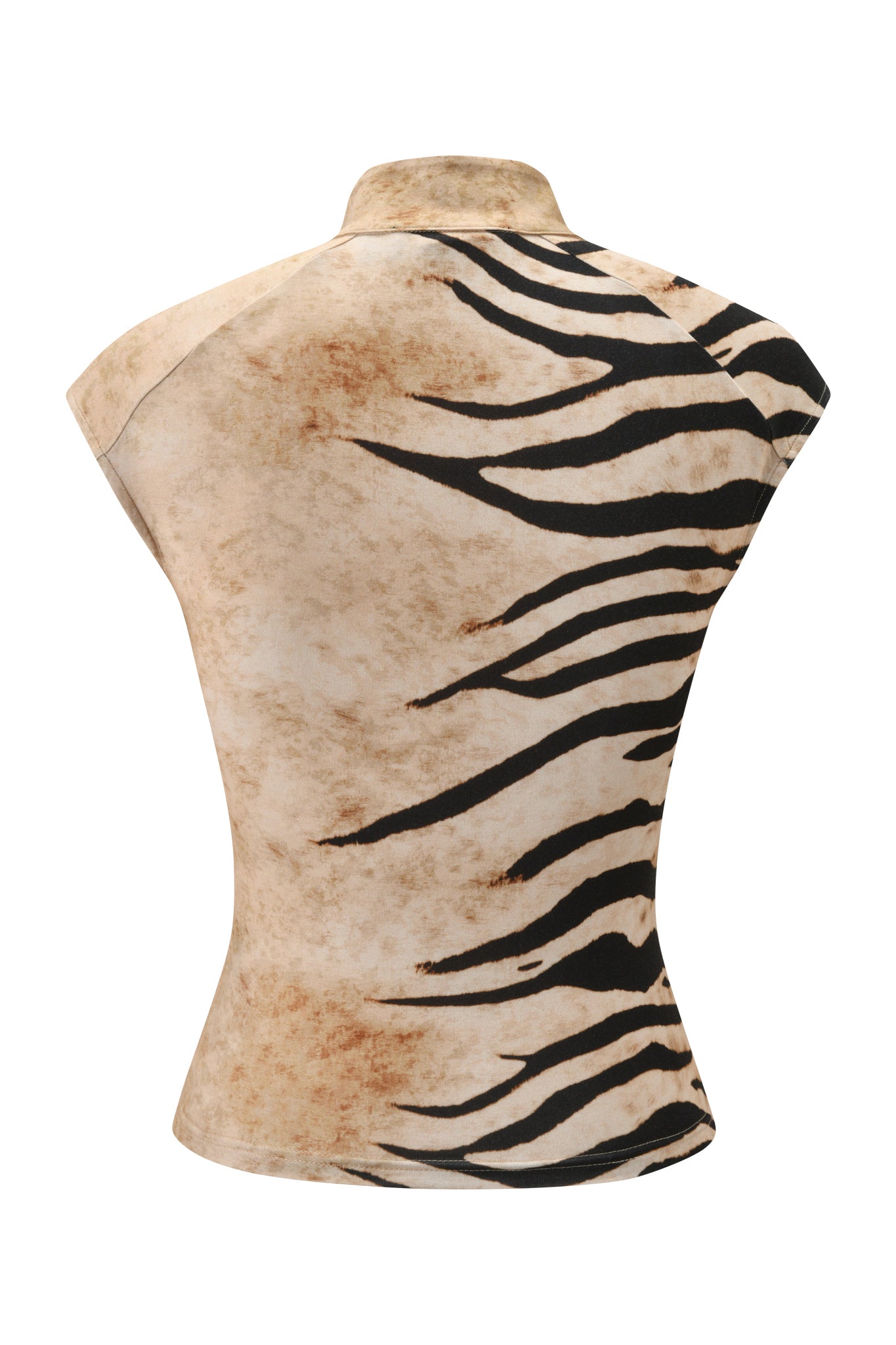 Back view of the I.AM.GIA GEORGIA TOP - WILD SIDE, featuring a beige and light brown base with bold black zebra stripes on one side, high neckline, cap sleeves, and a flattering bodycon fit.