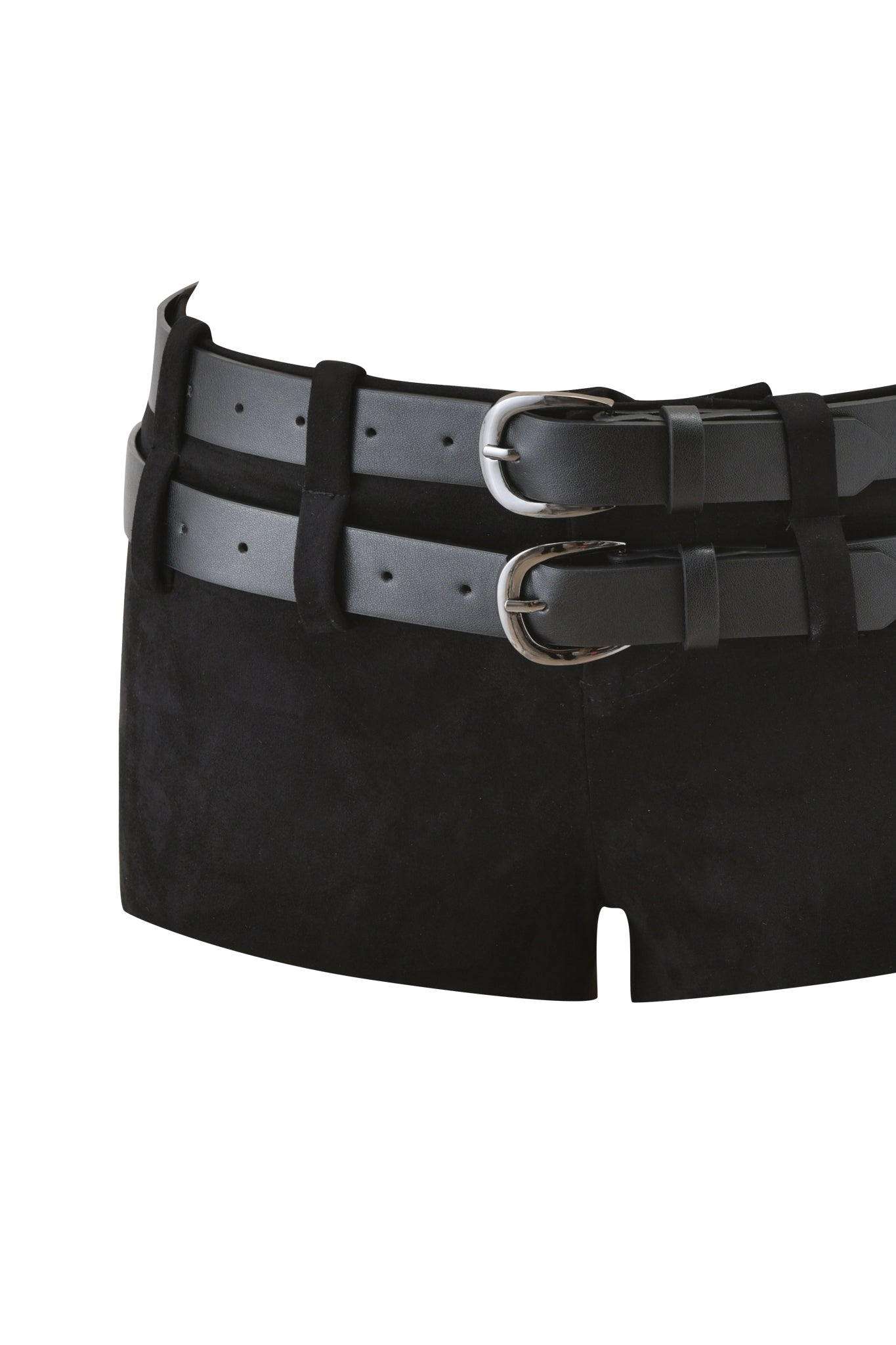 The GEORGIA BELTED SHORT - BLACK by I.AM.GIA features black faux suede, two wide vegan leather belts with silver buckles at the waistband, and elevates the classic high-waisted look with a chic modern edge.
