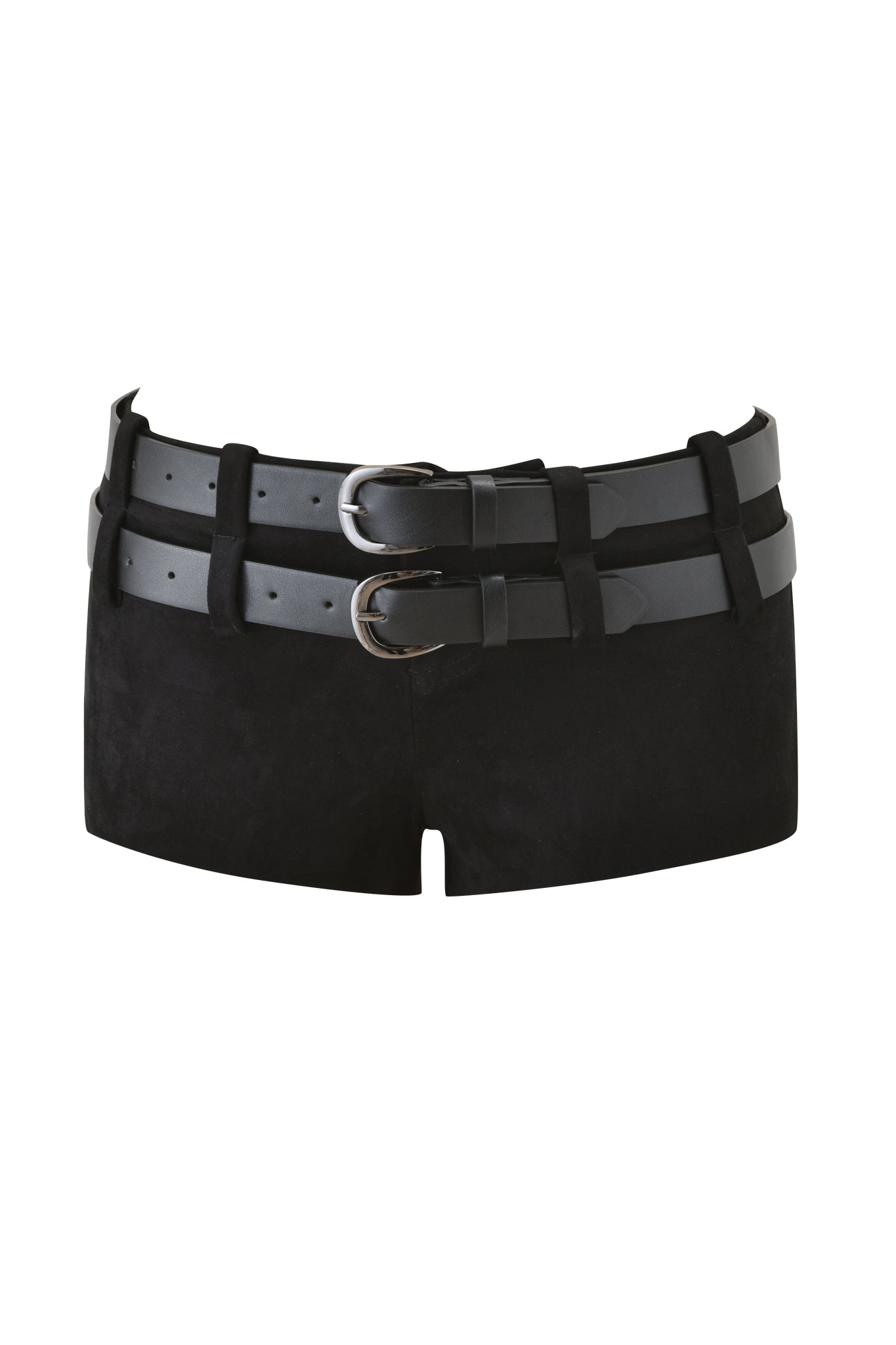 The GEORGIA BELTED SHORT - BLACK by I.AM.GIA features black faux suede, two vegan leather belts with silver buckles, and a fitted low-rise bodycon fit for a modern, edgy look. Displayed on a white background.
