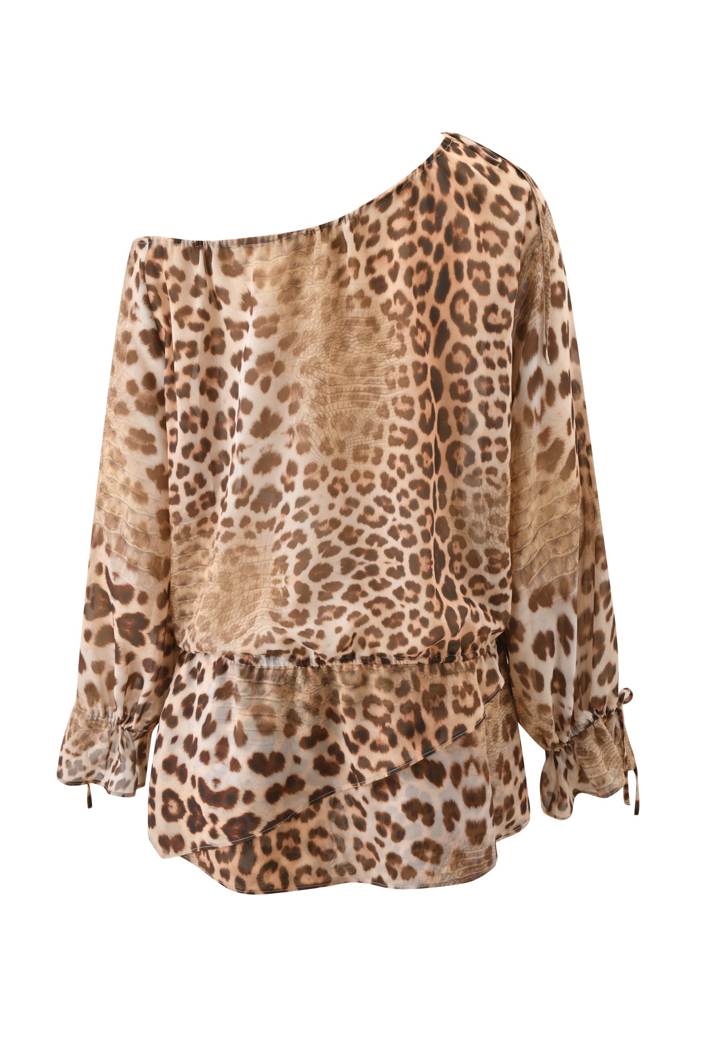 The LUISA MINI DRESS - CROCODILE TEARS by I.AM.GIA is a long-sleeve, off-the-shoulder dress with brown and tan animal print, loose gathered sleeves with tied cuffs, and a relaxed, flowy fit.