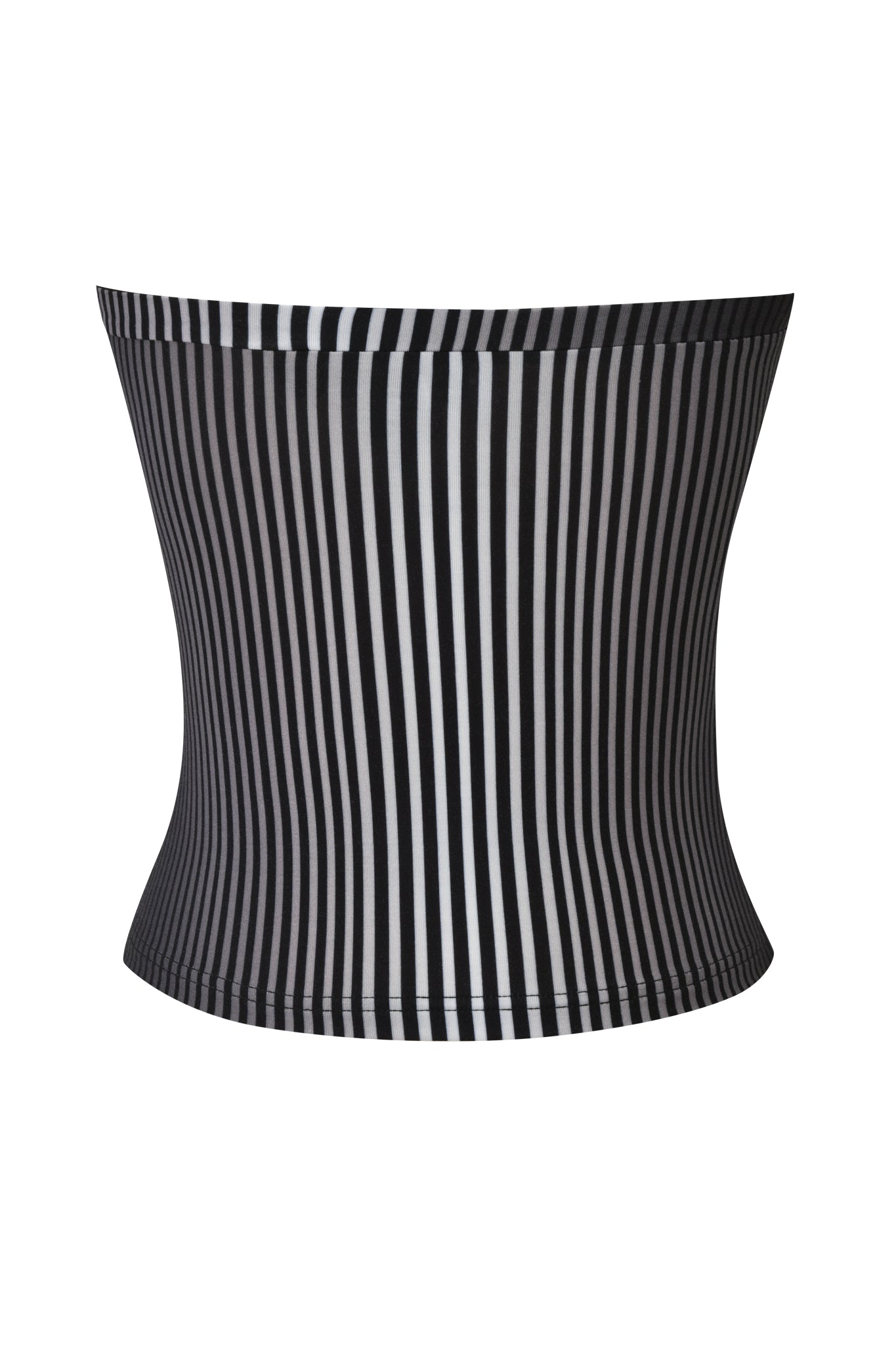 The I.AM.GIA TRINITY BOOB TUBE - STRIPE is a black and white bamboo viscose jersey tube top with an ombre stripe, fitted waist, and slightly flared hem, shown against a white background.