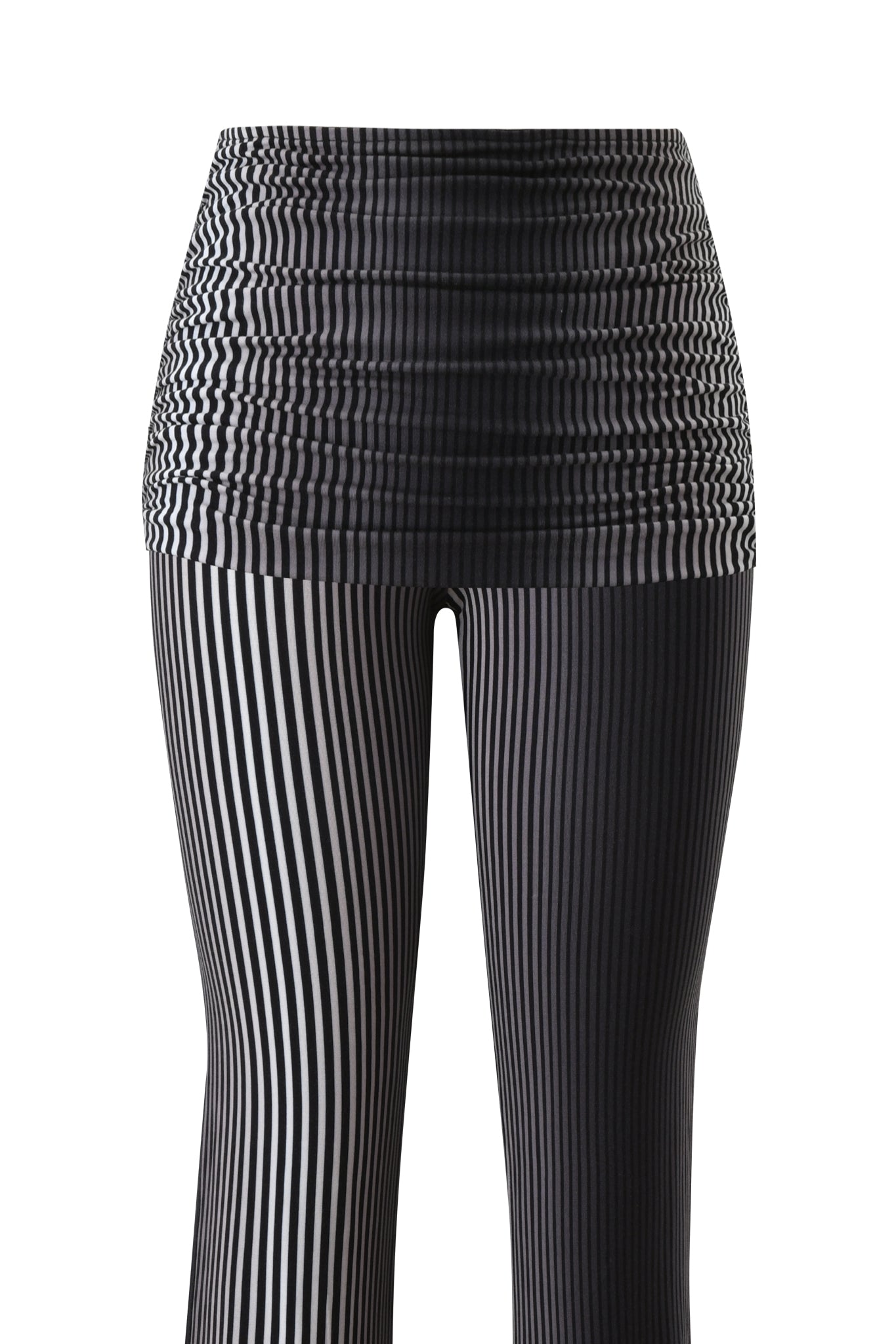 The I.AM.GIA TRINITY 2-IN-1 SKIRT PANT - STRIPE features high-waisted, black and white ombre stripes with a ruched waistband and flared leg, displayed against a plain white background.