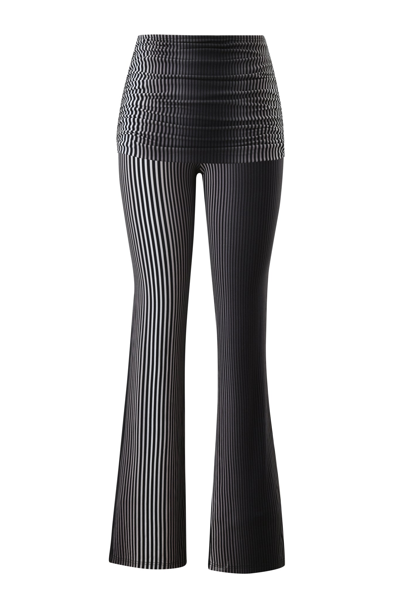 The I.AM.GIA TRINITY 2-IN-1 SKIRT PANT - STRIPE features black and white high-waisted, flared pants in bamboo viscose jersey with horizontal waistband stripes and vertical leg stripes, shown against a plain white background.