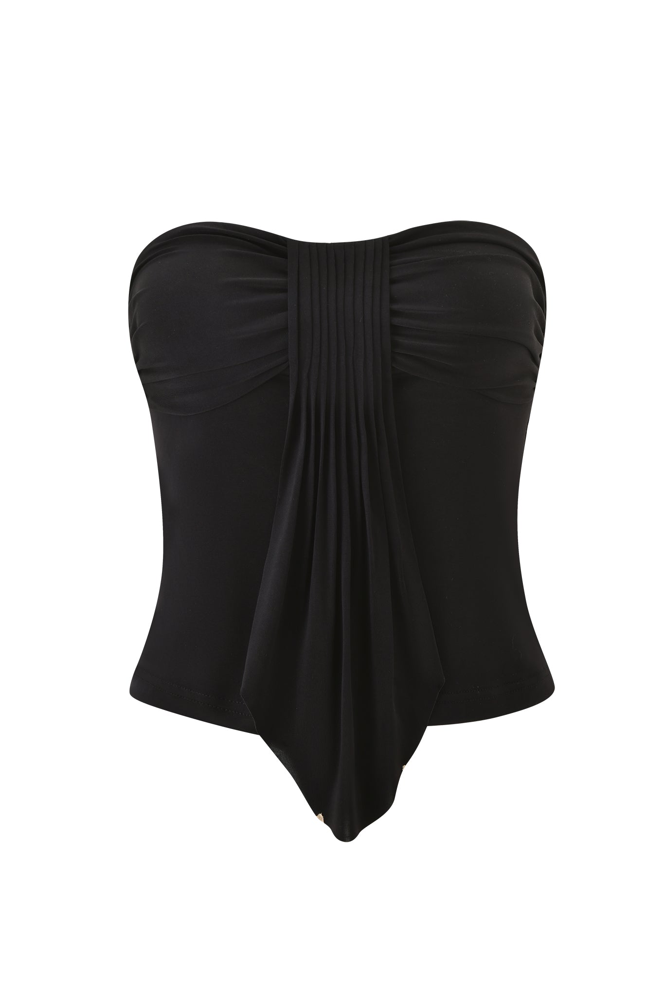 The ELYSIA BOOB TUBE - BLACK by I.AM.GIA is a strapless black bodycon swimsuit with a ruched top and central pleated drape detail, shown on a plain white background.