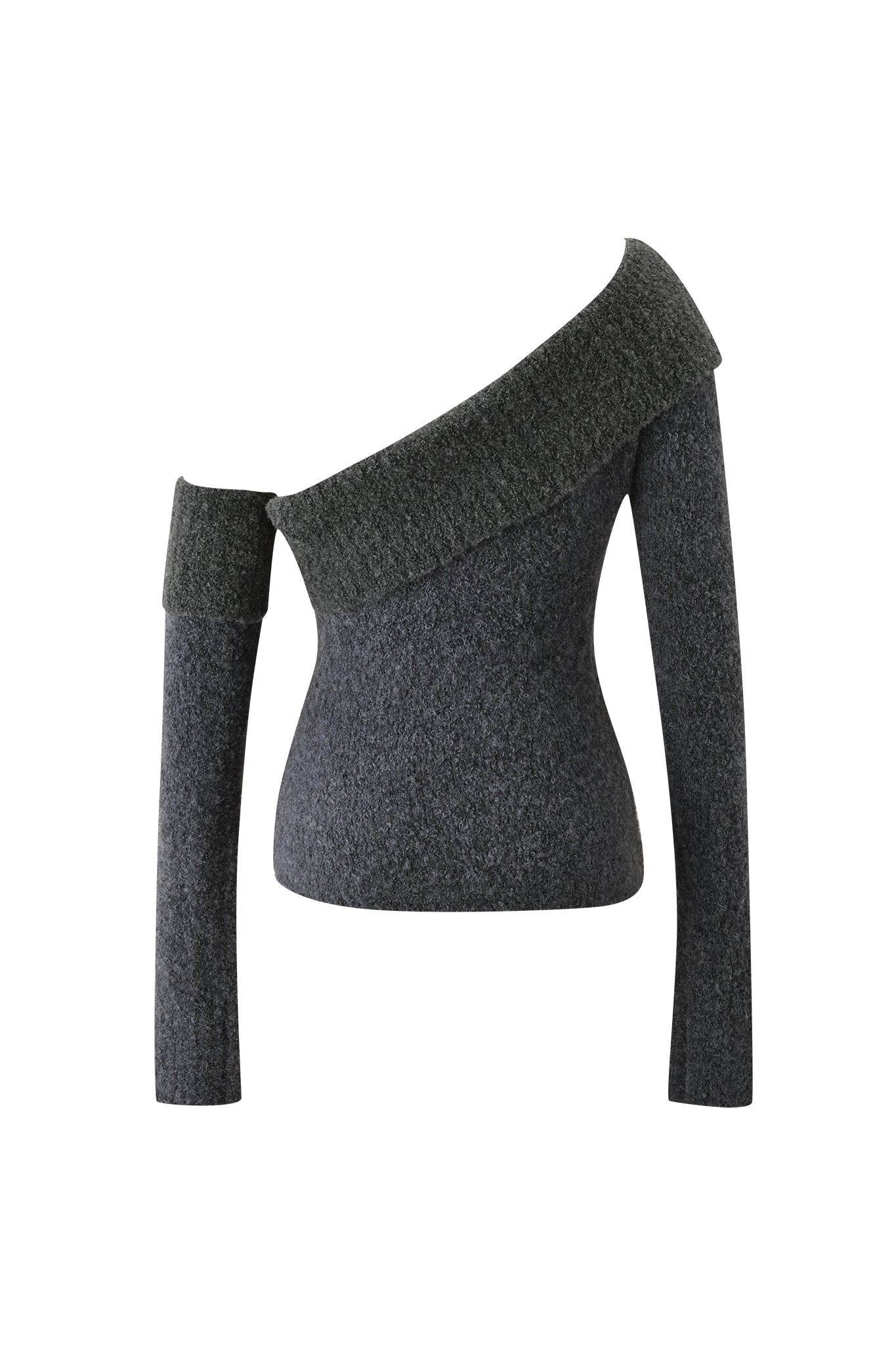 The ARLEN KNIT TOP - STEEL by I.AM.GIA is a gray, long-sleeve off-shoulder top with a knit fabric, asymmetrical neckline, and a wide, darker textured collar draped over one shoulder.