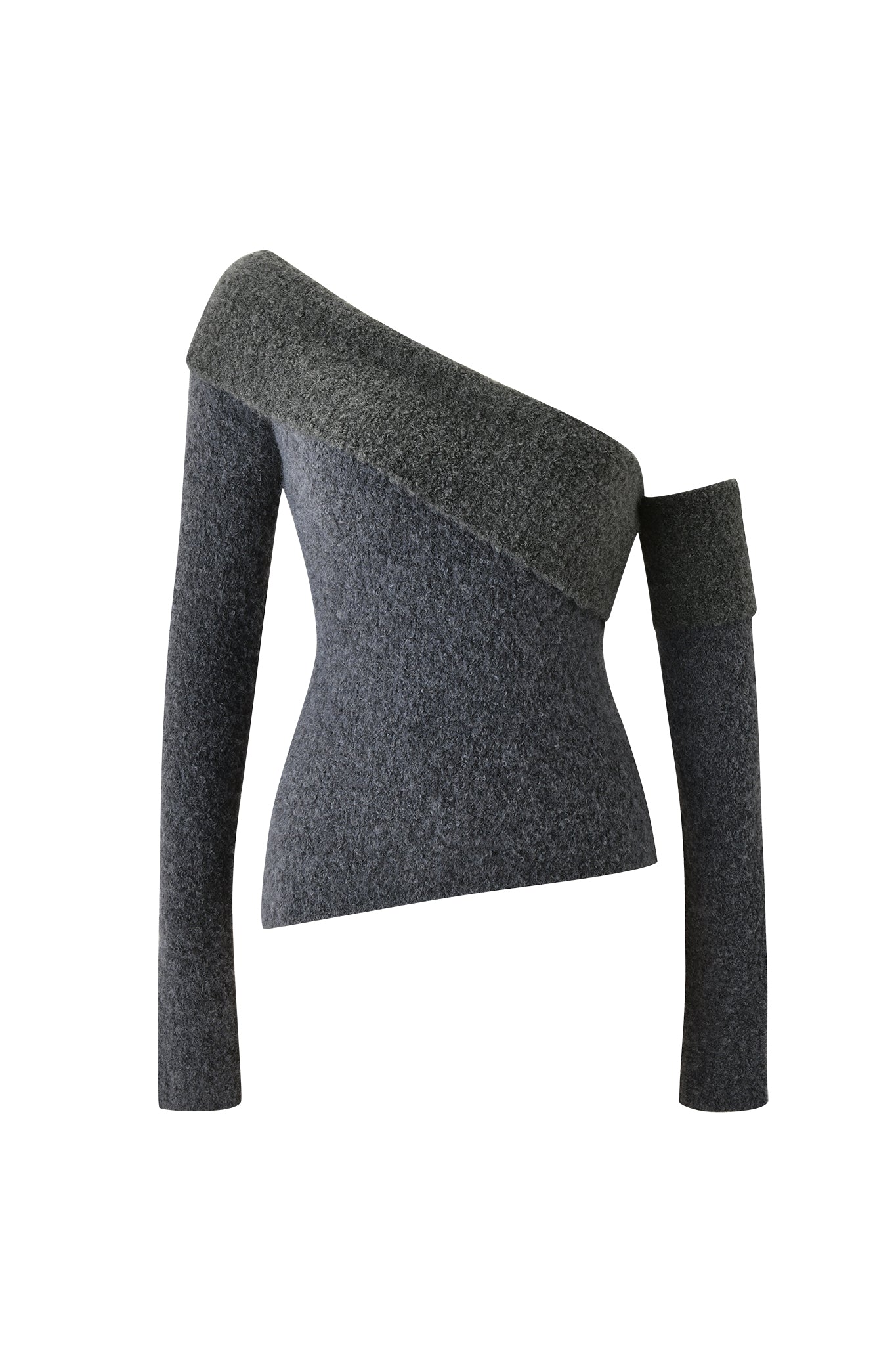 The ARLEN KNIT TOP - STEEL by I.AM.GIA is a gray, asymmetrical off-the-shoulder knit top with one sleeve draped below the shoulder and the other fully covering the arm for a fitted, stylish look.