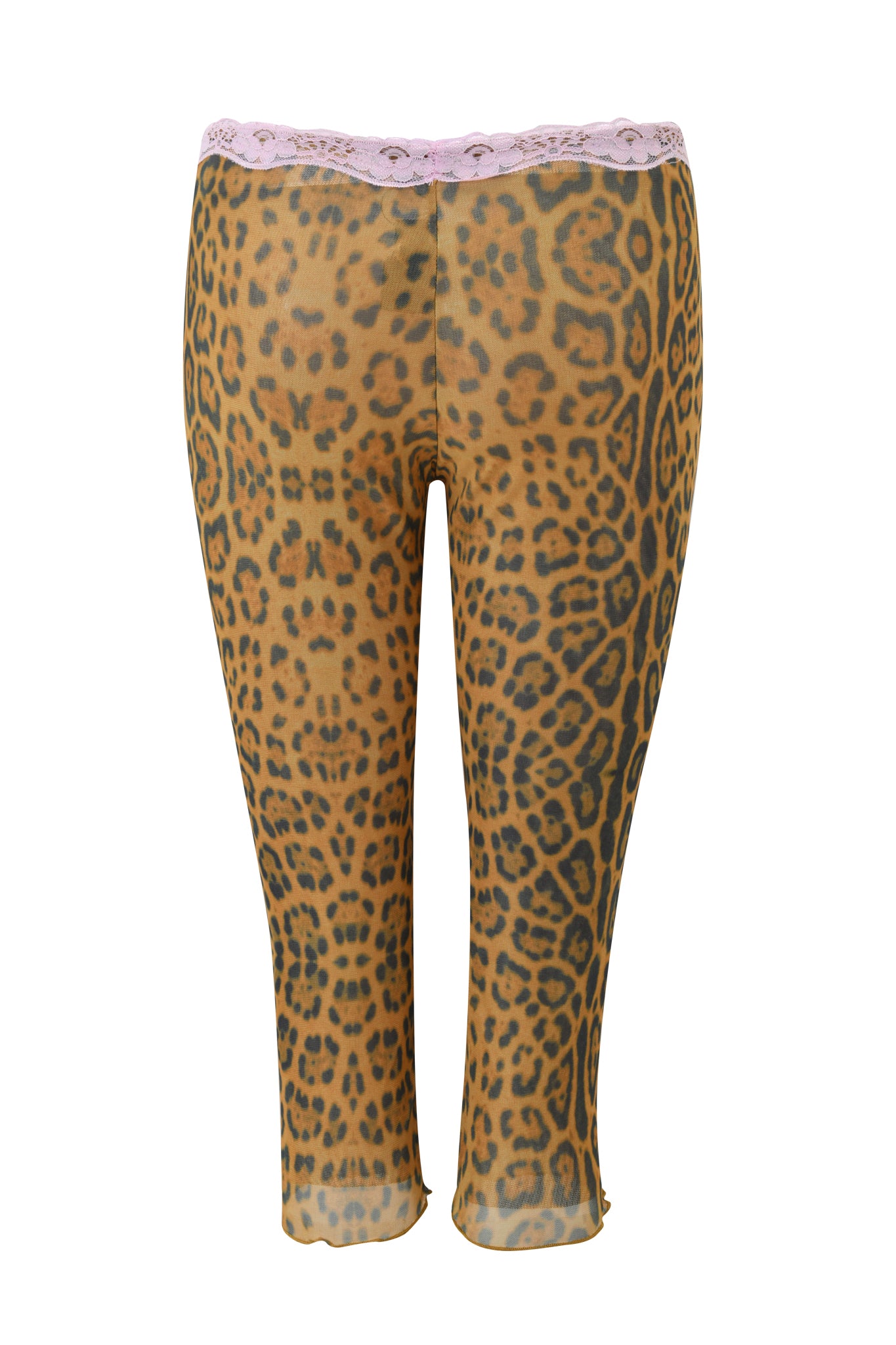 The I.AM.GIA TASHI CAPRI - PANTHERA leggings feature a leopard cheetah print and a pastel pink lace trim waistband, shown against a white background.