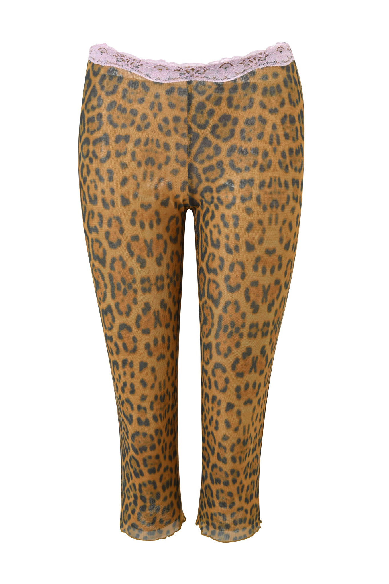 The I.AM.GIA TASHI CAPRI - PANTHERA leggings feature a leopard print with a pastel pink lace waistband, shown against a white background.