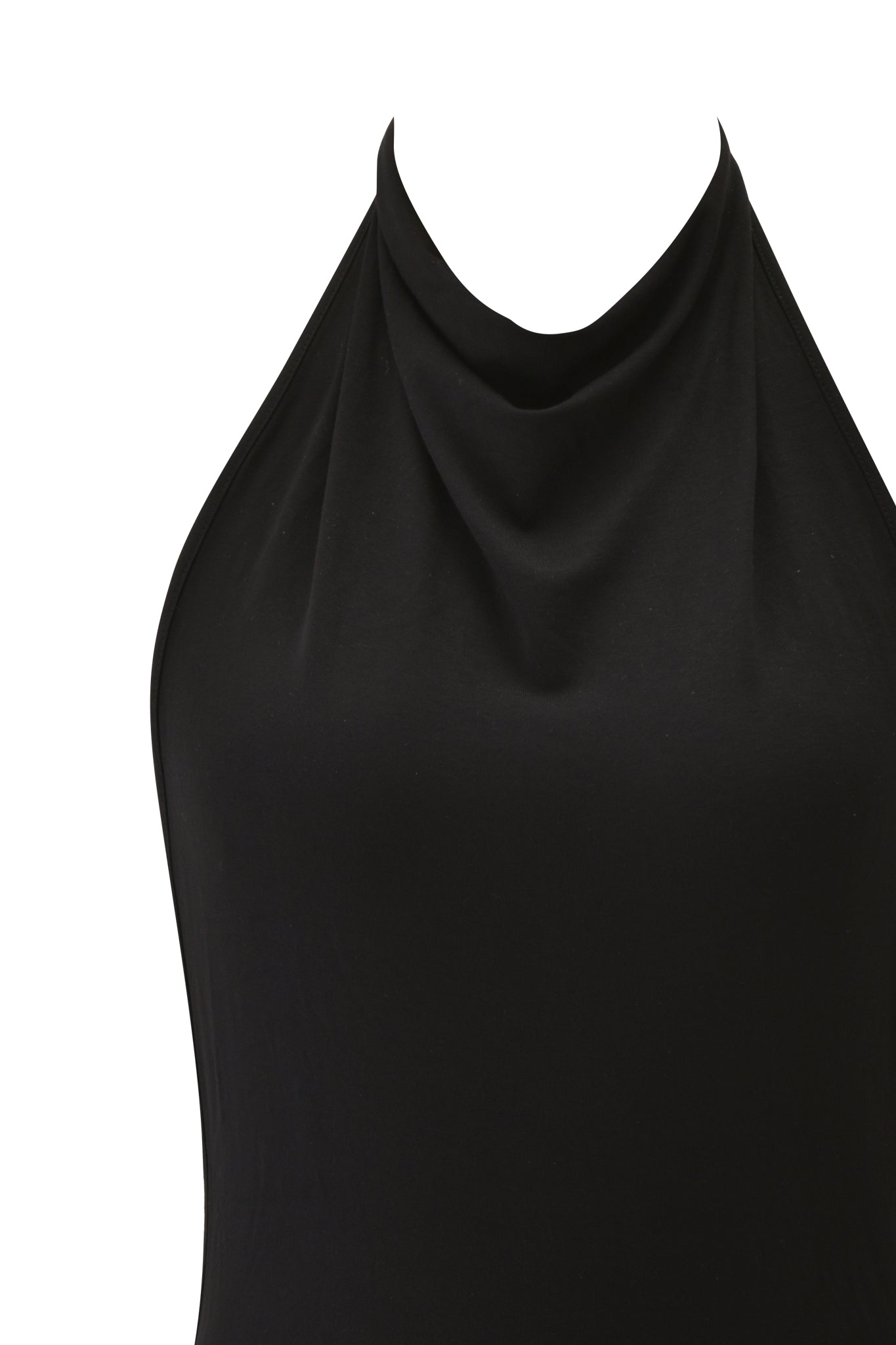 A close-up of the KAIRA PLAYSUIT - BLACK by I.AM.GIA, a sleeveless halter design in soft bamboo viscose jersey with a draped neckline, shown on a plain white background.