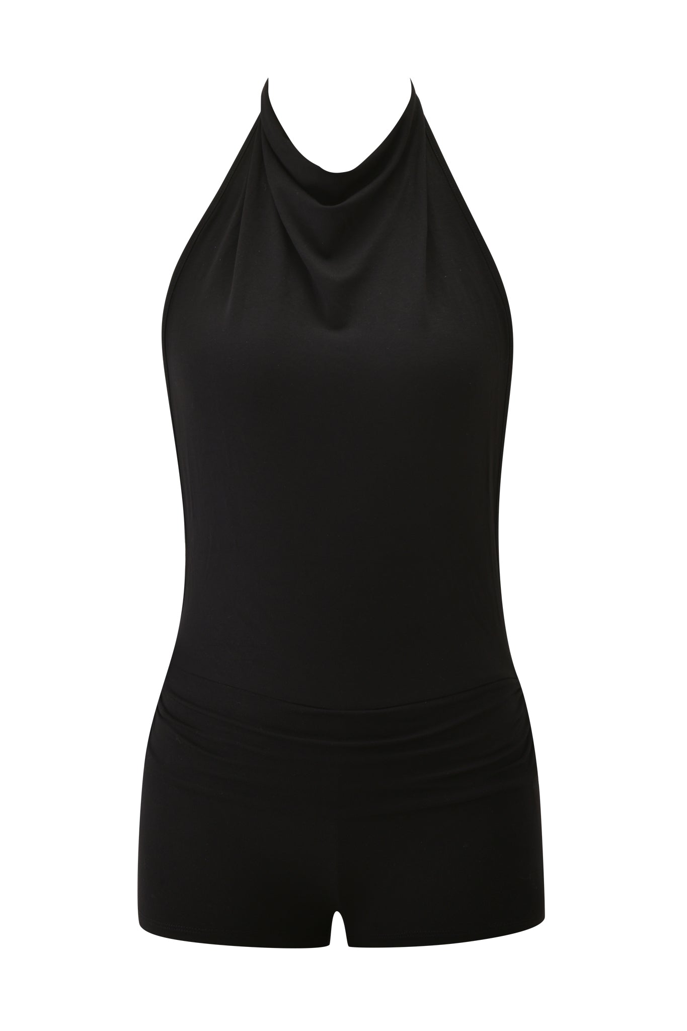 The KAIRA PLAYSUIT - BLACK by I.AM.GIA is a sleeveless black halter neck playsuit with a draped neckline and fitted mini shorts, crafted from soft bamboo viscose jersey, shown against a white background.