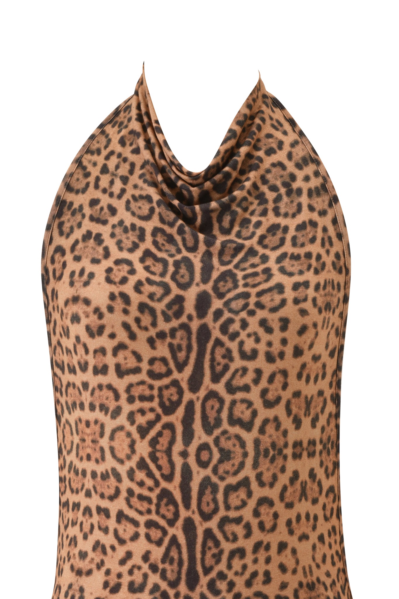 The image shows the upper part of the KAIRA PLAYSUIT - PANTHERA by I.AM.GIA, featuring a sleeveless halter-neck design with a brown and black Panthera print, gathered neckline, and symmetrical animal spots for a bold, wild look.
