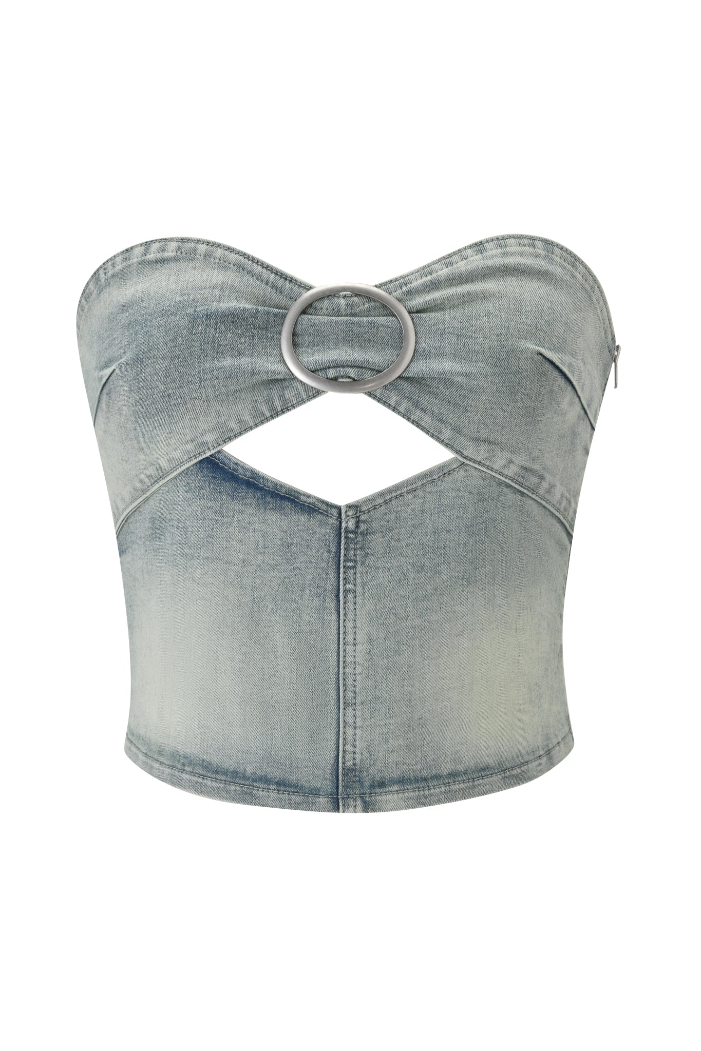 The JENN DENIM BOOB TUBE - BLUE by I.AM.GIA is a strapless, light-wash denim top with a front cut-out, twisted bust design, and a bold silver ring detail at the center.