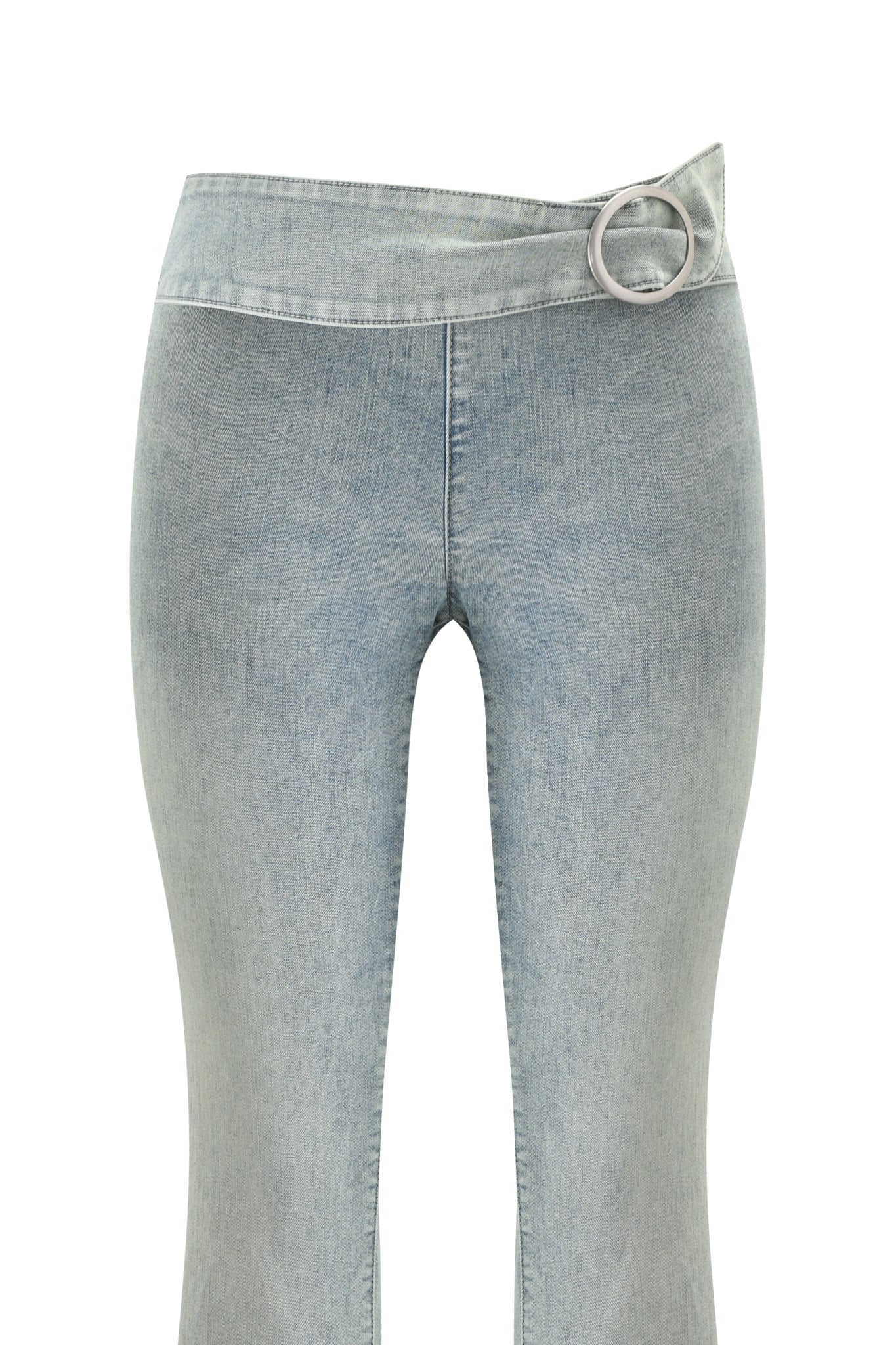 The I.AM.GIA JENN JEAN - BLUE features light wash denim, a unique asymmetrical waistband with a silver buckle on the right, mid rise waist, and trendy flared legs. Displayed against a plain white background.