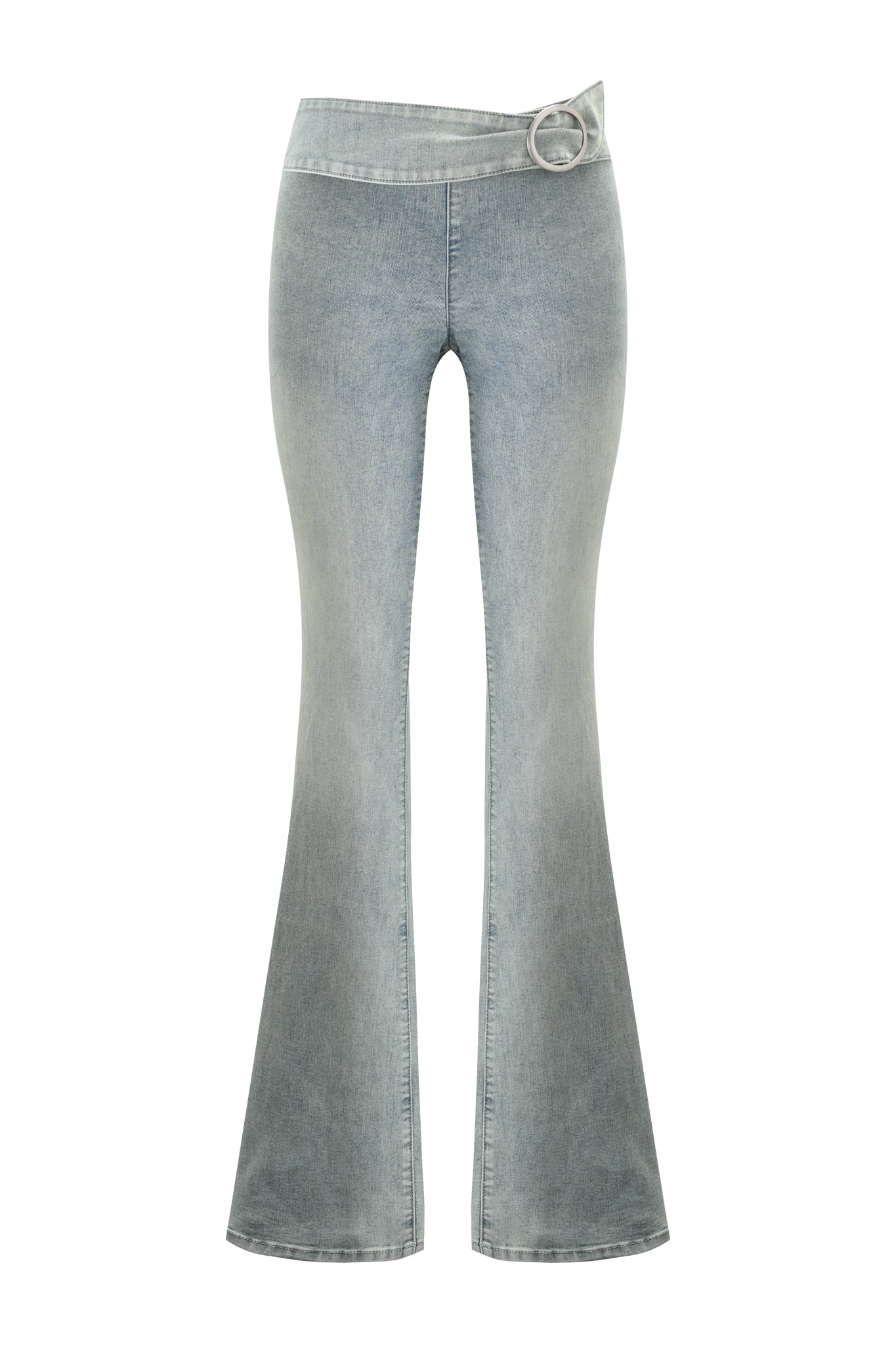The JENN JEAN - BLUE by I.AM.GIA features light-wash flared denim, an asymmetrical waistband, and a silver ring buckle on the right. These jeans fit snugly through the hips and thighs, flaring from the knee for a bold look.