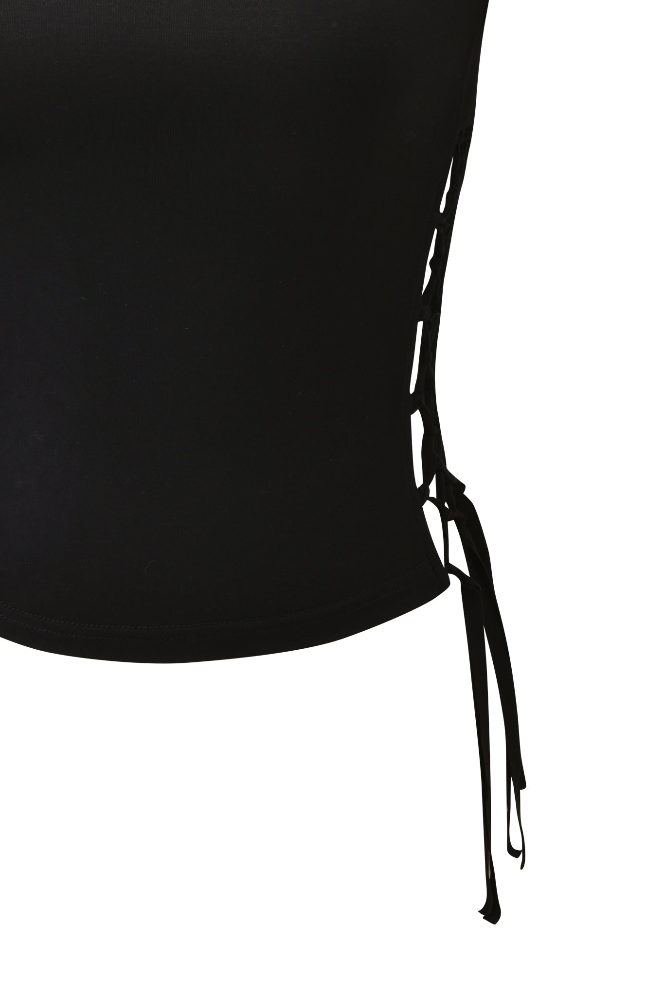 Close-up of the MARIELLE TOP - BLACK by I.AM.GIA, a black sleeveless top with side lace-up macrame details and criss-cross straps tied in a bow at the hem, shown against a plain white background.