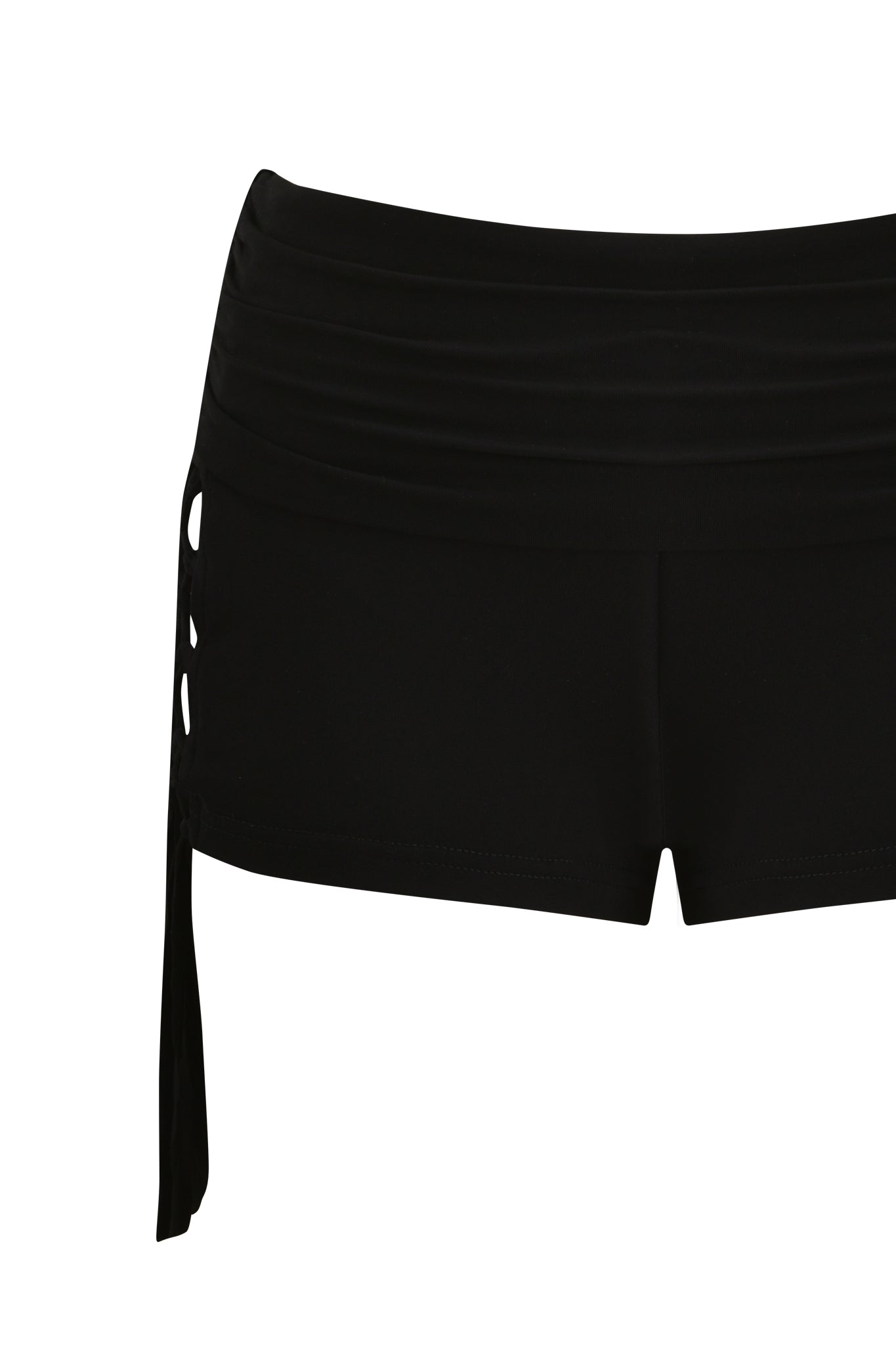 The MARIELLE SHORT - BLACK by I.AM.GIA features a black jersey knit, side drawstring tie, and gathered waistband, displayed against a white background.