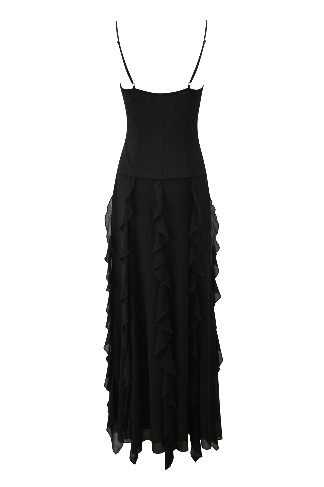 The I.AM.GIA MARLETTE 2.0 Maxi Dress in black features a sleeveless georgette design with thin straps, a fitted bodice, a flowing skirt, and vertical ruffled accents. Displayed on a white background.