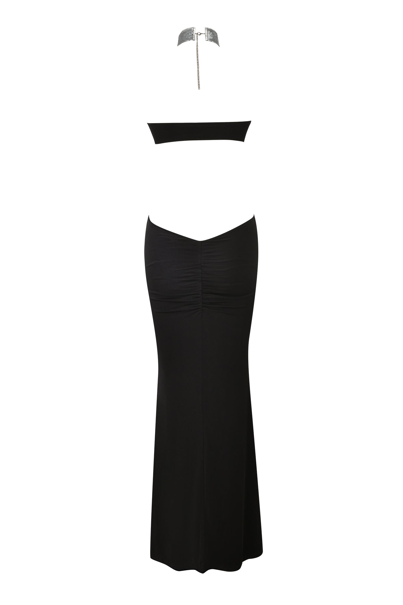 Back view of the I.AM.GIA BROOKE MAXI DRESS in black, a strapless mermaid silhouette with ruched waist and fitted skirt, shown on a white background and styled with a decorative choker necklace.
