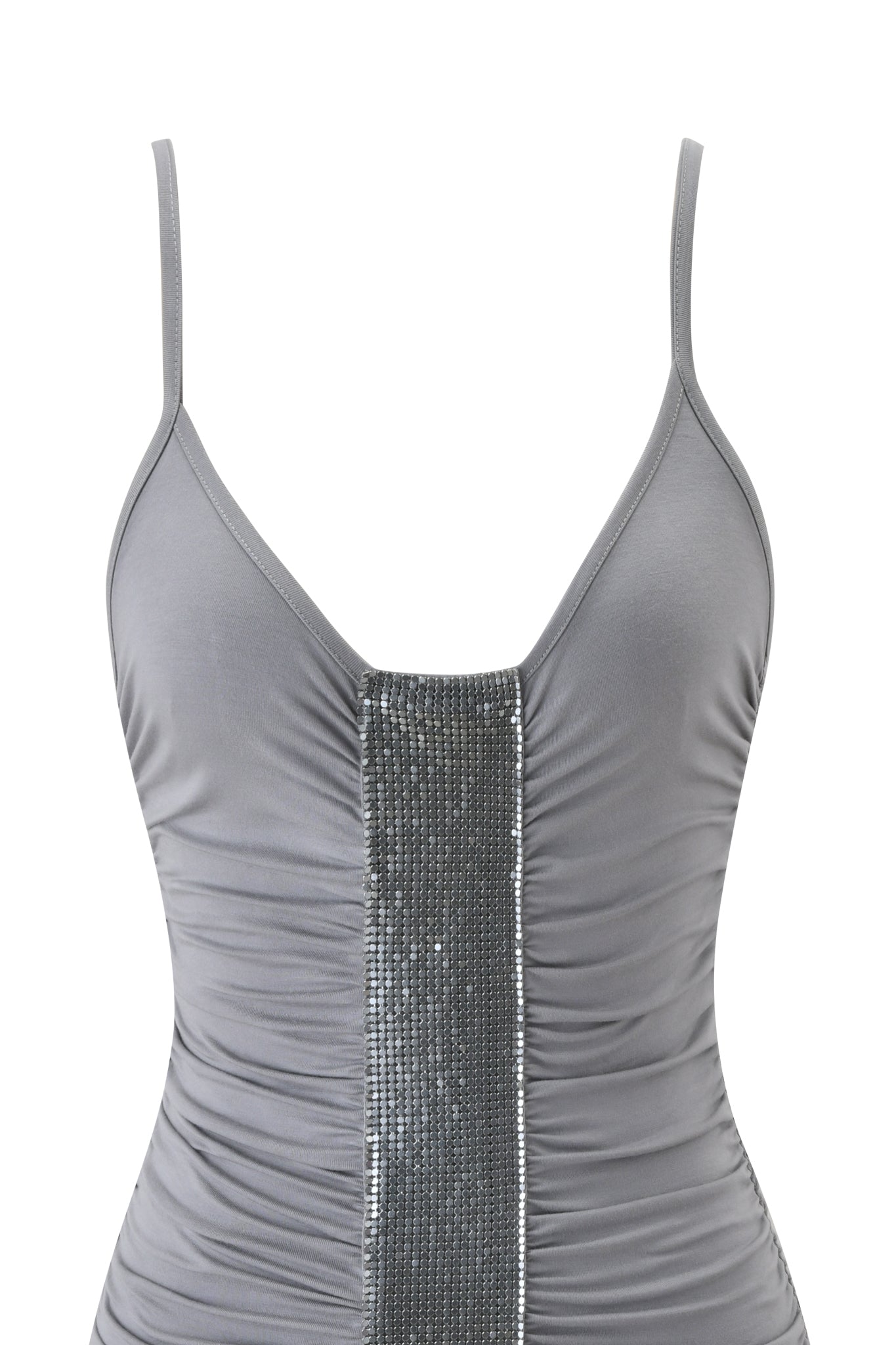 The I.AM.GIA GIULIANA MINI DRESS - SLATE features a close-up of its slate grey hue, ruched design, thin spaghetti straps, deep V-neckline, and a central strip embellished with sparkling silver sequins.