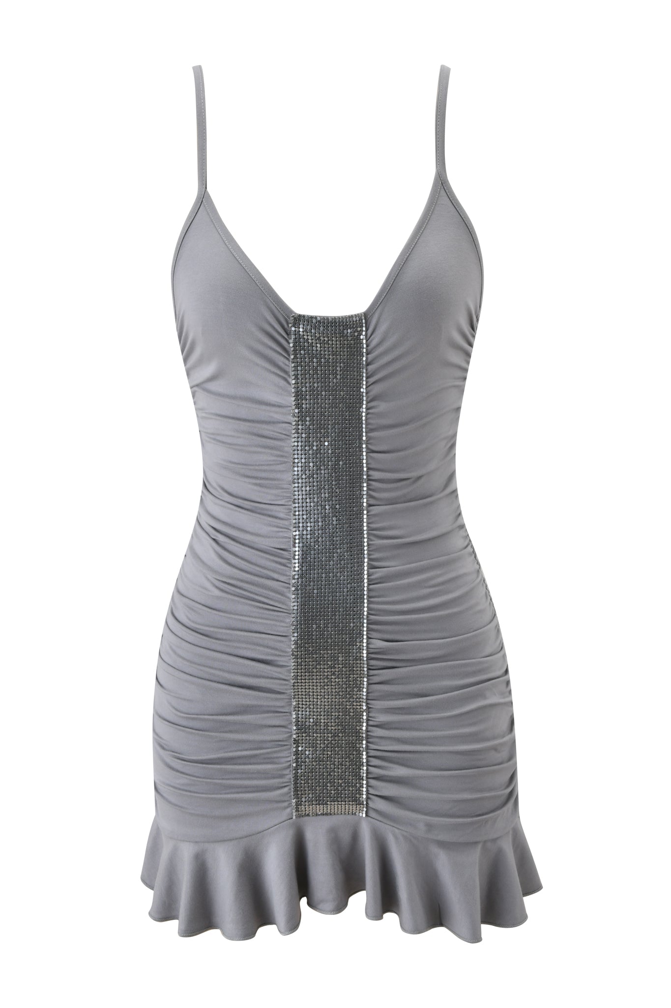 The GIULIANA MINI DRESS by I.AM.GIA in Slate features a sleeveless, fitted design with spaghetti straps, deep V-neckline, vertical chainmail front panel, ruching, and a ruffled hem.