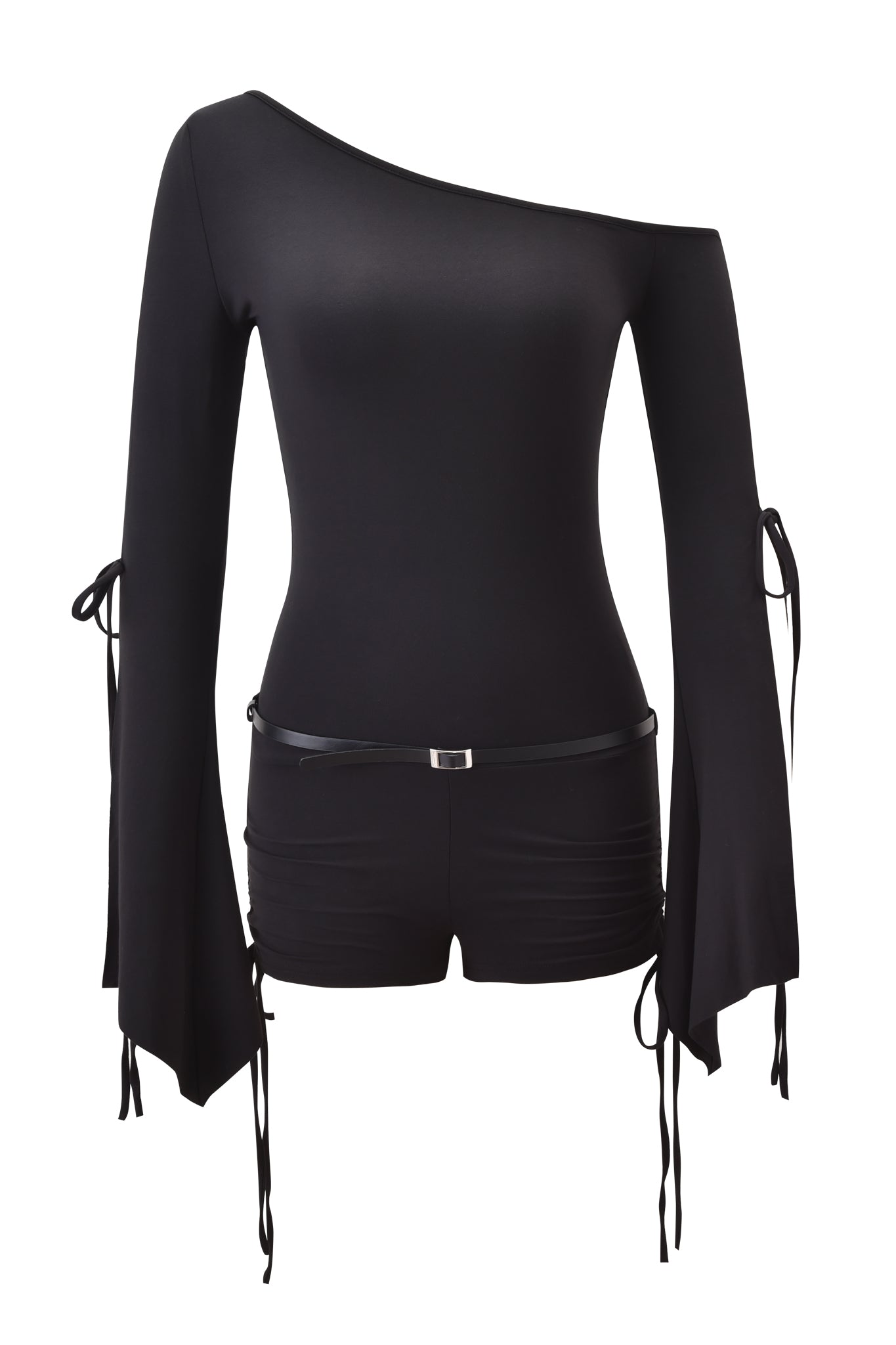 The SAPHY PLAYSUIT - BLACK by I.AM.GIA features an off shoulder design, long flared sleeves, tie details, fitted mini shorts, and a slim belt with a rectangular buckle—all in smooth, sleek fabric.