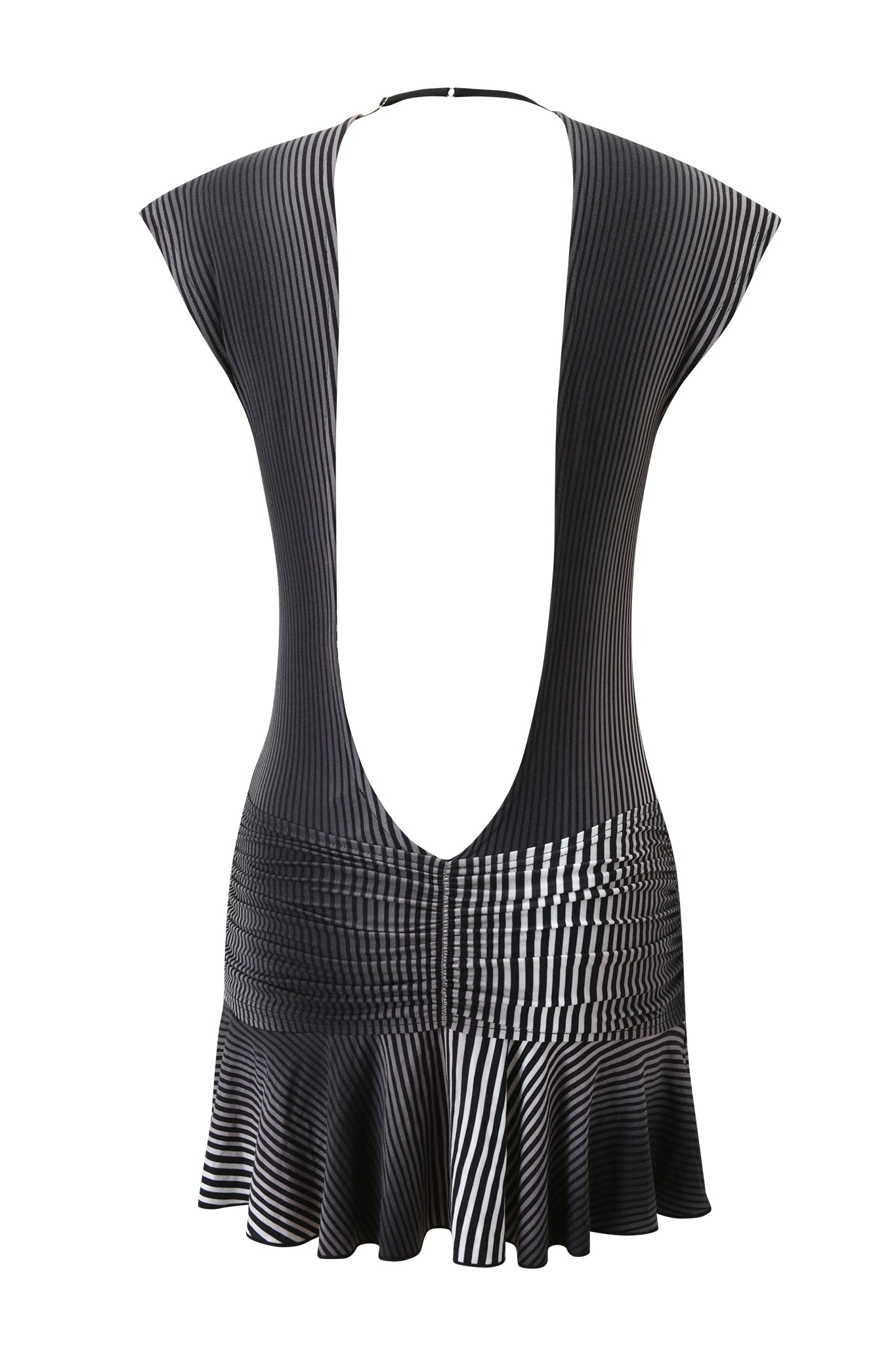 The I.AM.GIA MARGEAUX MINI DRESS - STRIPE features black and white bodycon stripes of varying thickness for an optical illusion effect, a deep open back, cap sleeves, and a flared ruffled hem.