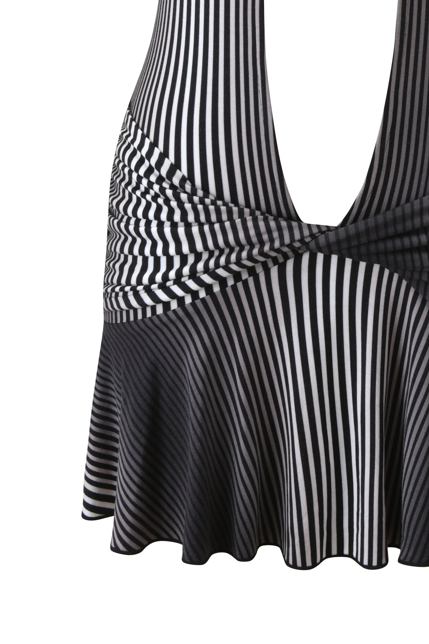 The I.AM.GIA MARGEAUX MINI DRESS - STRIPE features black and white stripes, a bodycon fit, flared hem, twisted waist detail, and a deep plunging neckline.