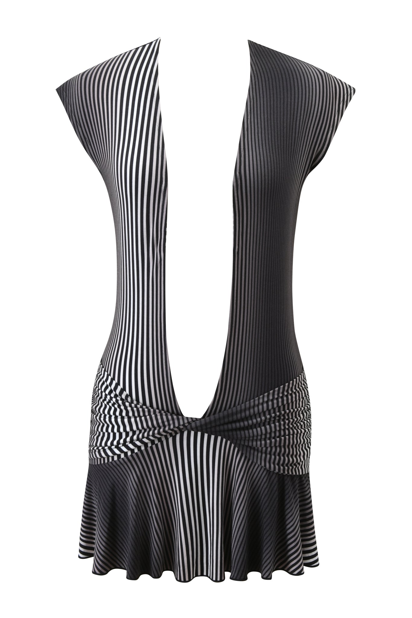 The MARGEAUX MINI DRESS - STRIPE by I.AM.GIA is a sleeveless black and white bodycon dress with a deep V-neck, fitted waist, twisted stripes, abstract modern pattern, and flared hem for a bold look.