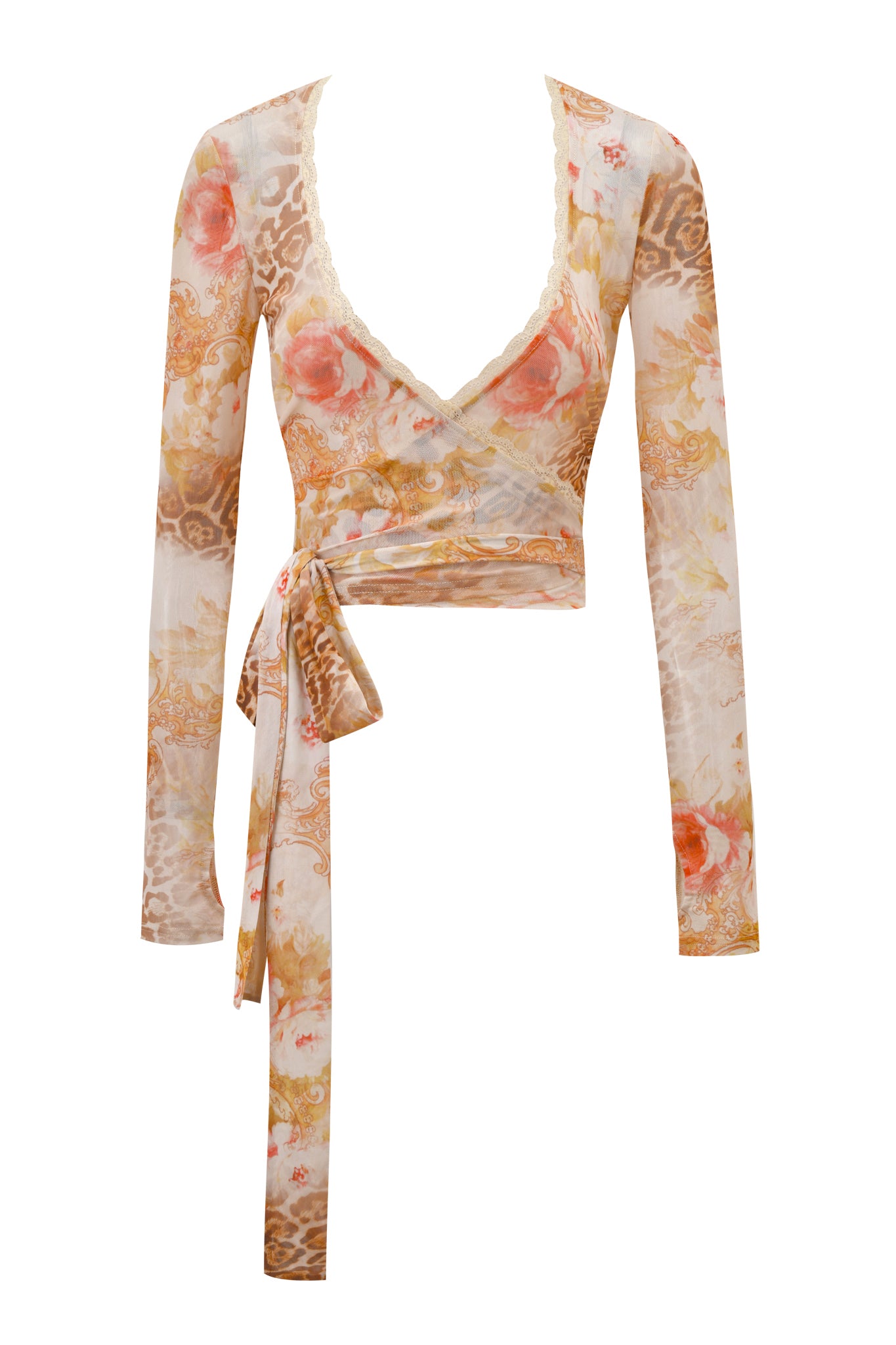 The ERISKA TOP - DESERT ROSE by I.AM.GIA is a long-sleeved mesh wrap top with a waist tie, featuring a soft abstract floral and animal print in warm beige, brown, peach, and white tones.