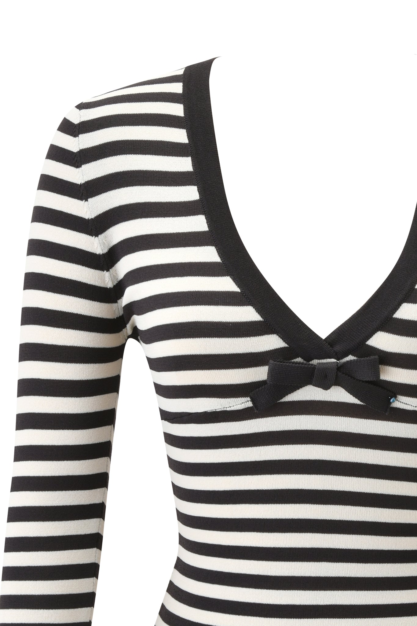 Close-up of the ZINNIA TOP by I.AM.GIA, a black and cream striped top with a deep black-trimmed V-neckline and a small black bow at the center.