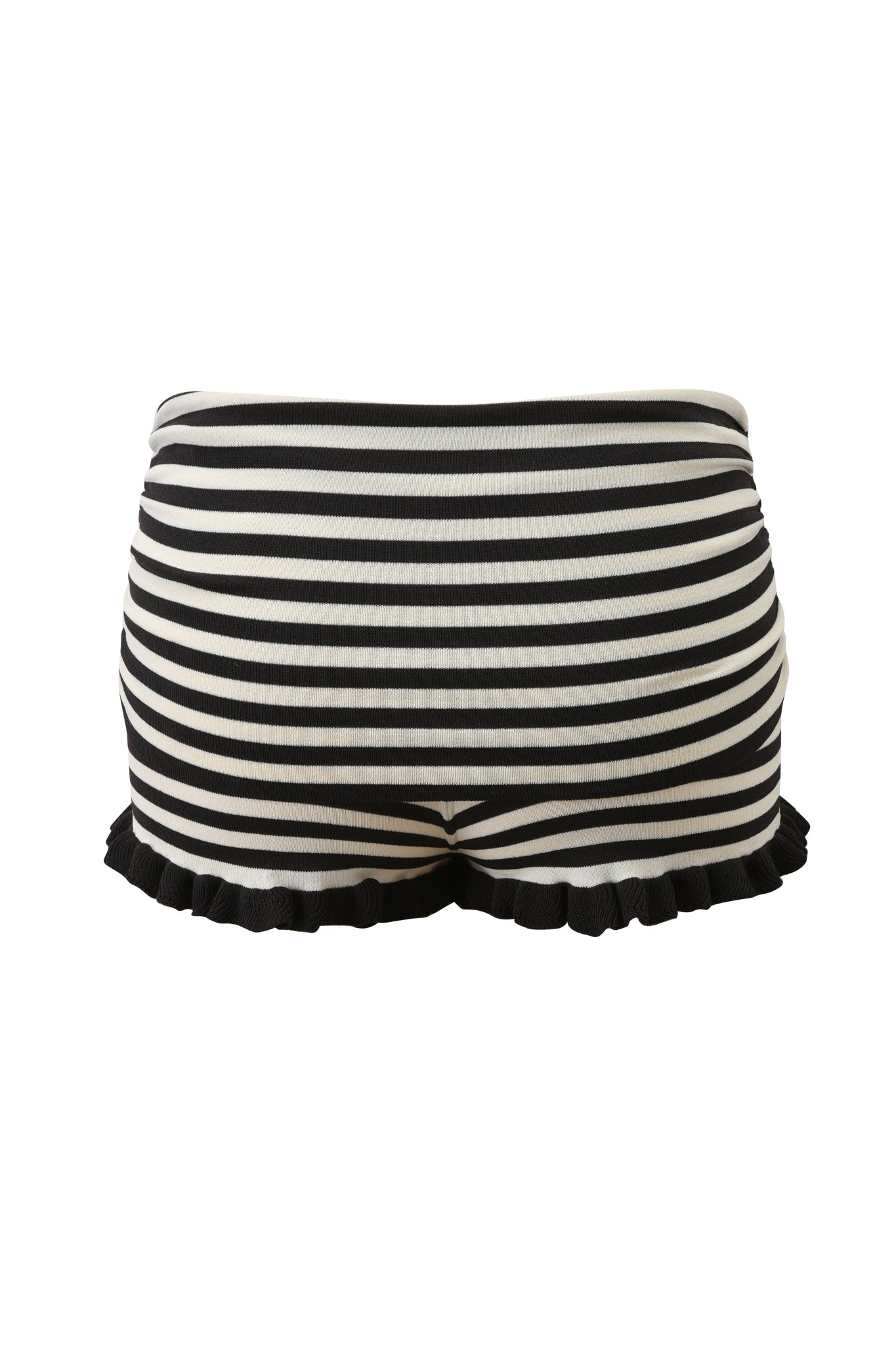The ZINNIA SHORT - BLACK AND CREAM by I.AM.GIA features black and cream stripes, a ruffled hem, and an adjustable waistband, shown from the back on a white background.