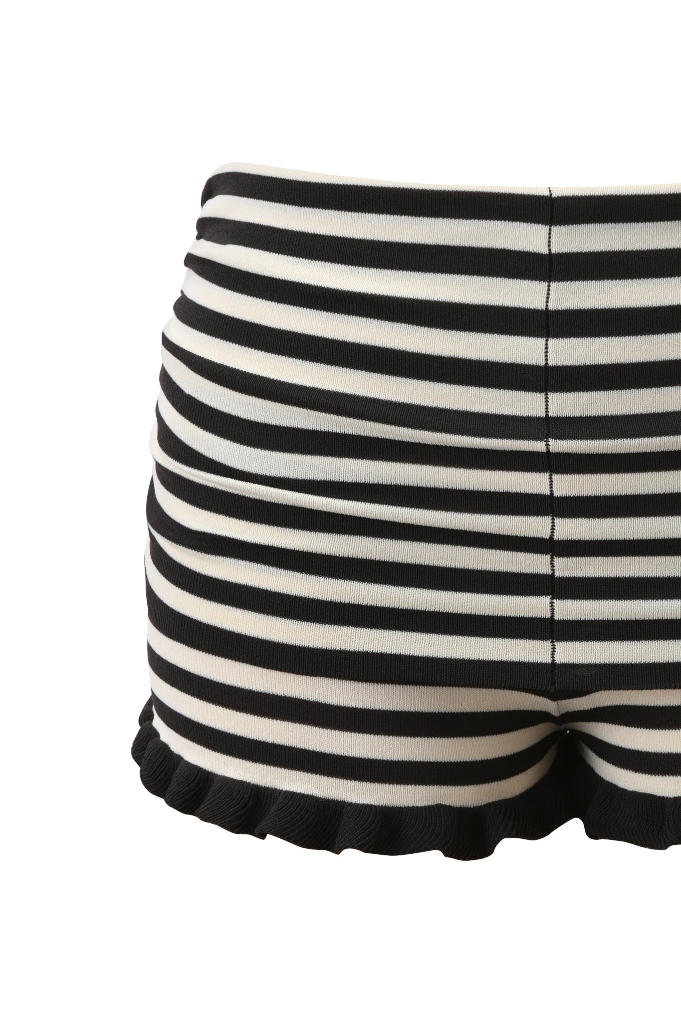 The ZINNIA SHORT in Black and Cream by I.AM.GIA features black and white stripes, ruffled leg openings, and an adjustable waistband for a comfy fit.