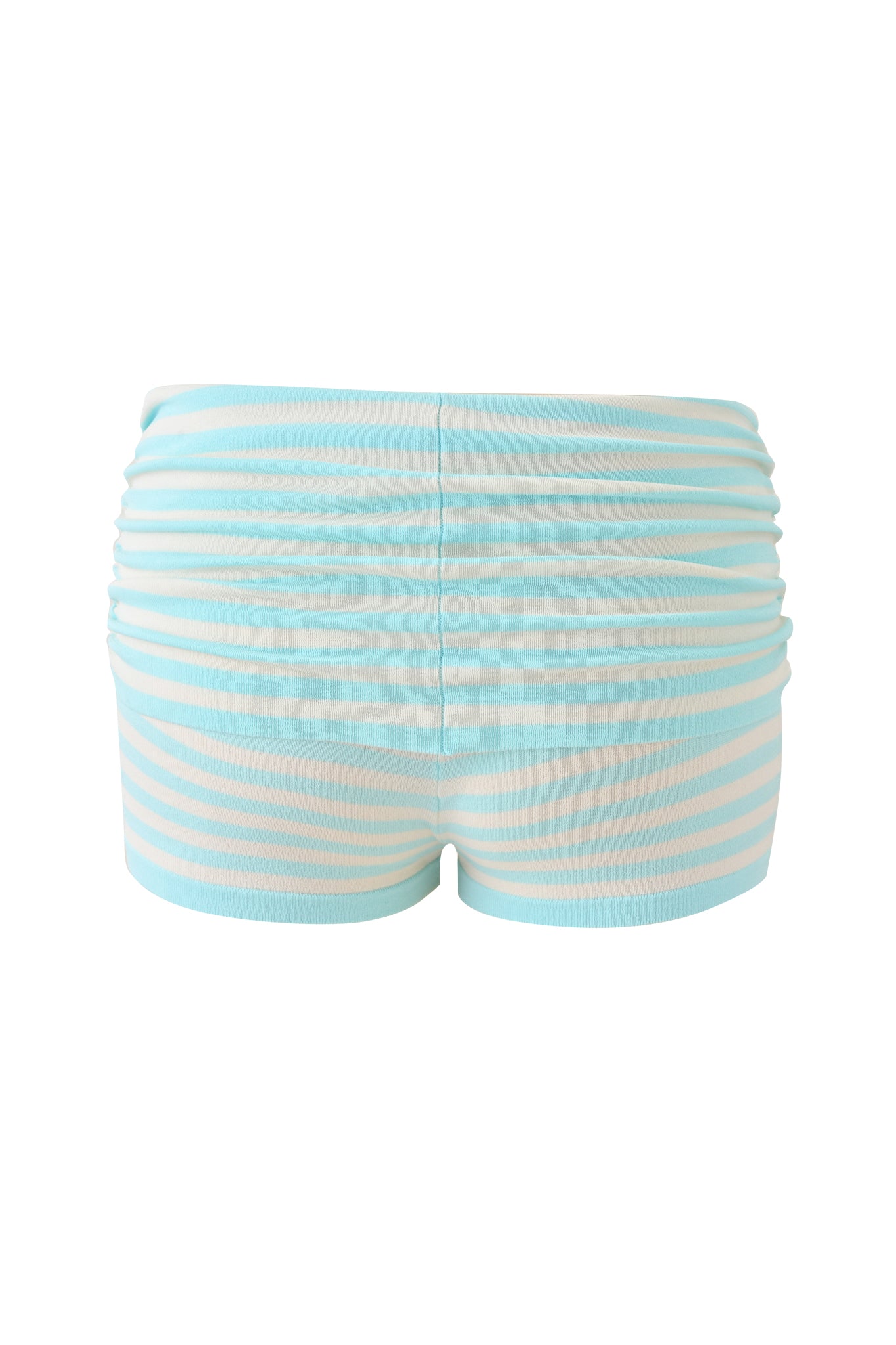 The ZINNIA SHORT - BLUE AND IVORY by I.AM.GIA features light blue and ivory horizontal stripes, a foldover ruched waistband, and a bodycon fit, shown from the back on a plain white background.