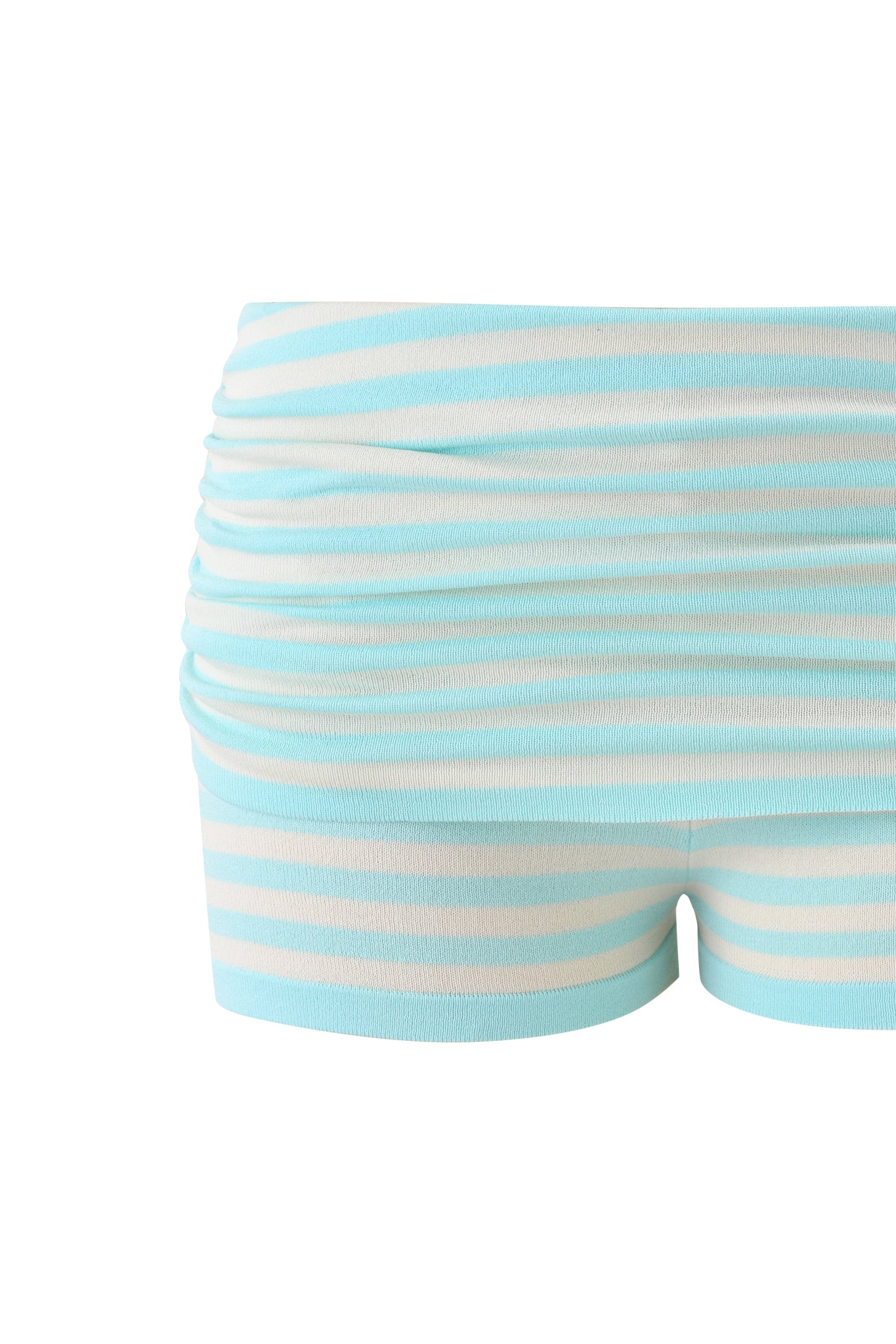 The ZINNIA SHORT by I.AM.GIA features blue and ivory stripes, a foldover ruched waistband, and a high-waisted bodycon fit, shown against a white background.