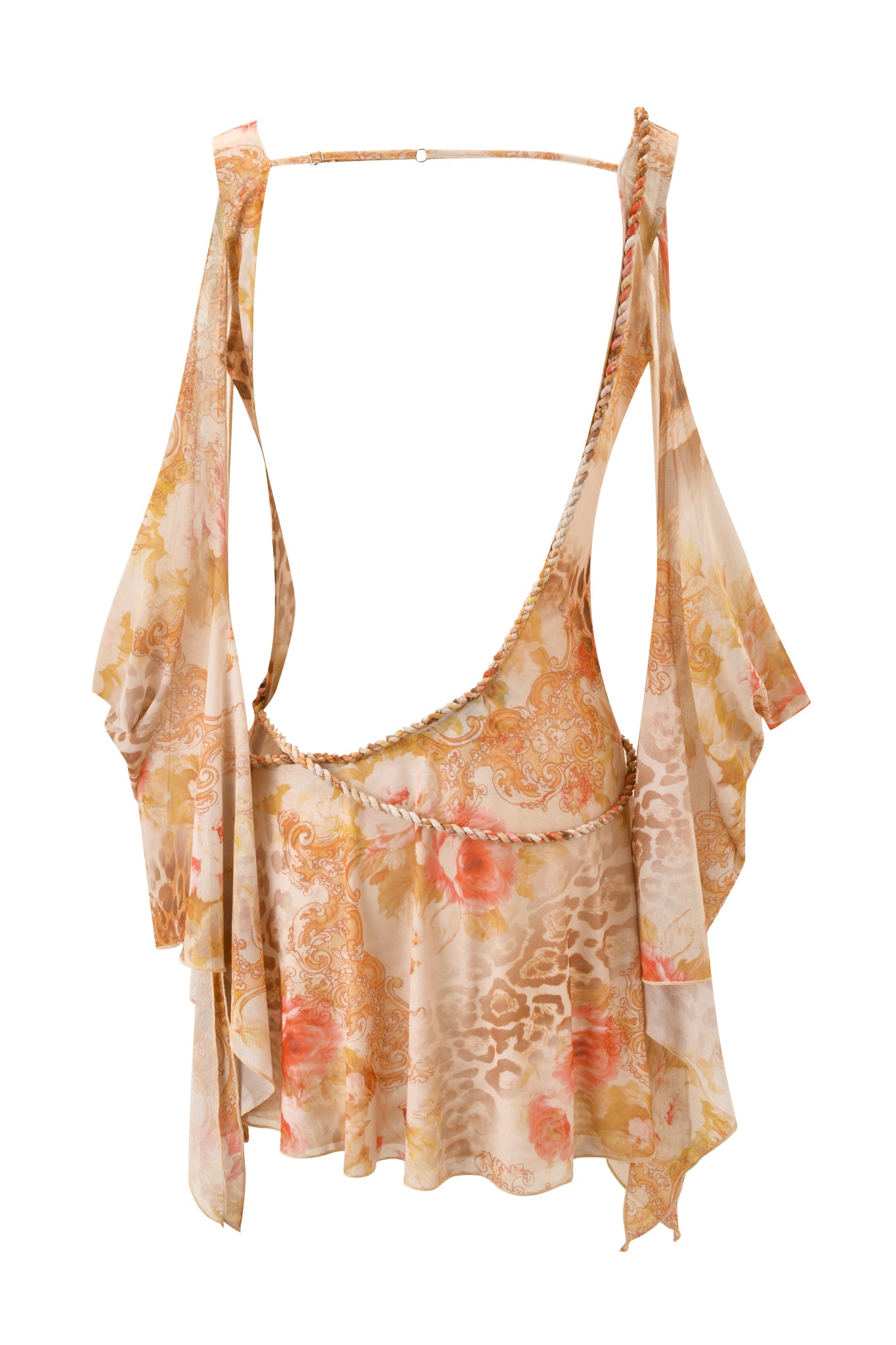 The ERISKA MINI DRESS - DESERT ROSE by I.AM.GIA features soft peach, pink, and beige floral tones, flowing draped sleeves, a cowl neckline, open back, and thin shoulder strap.